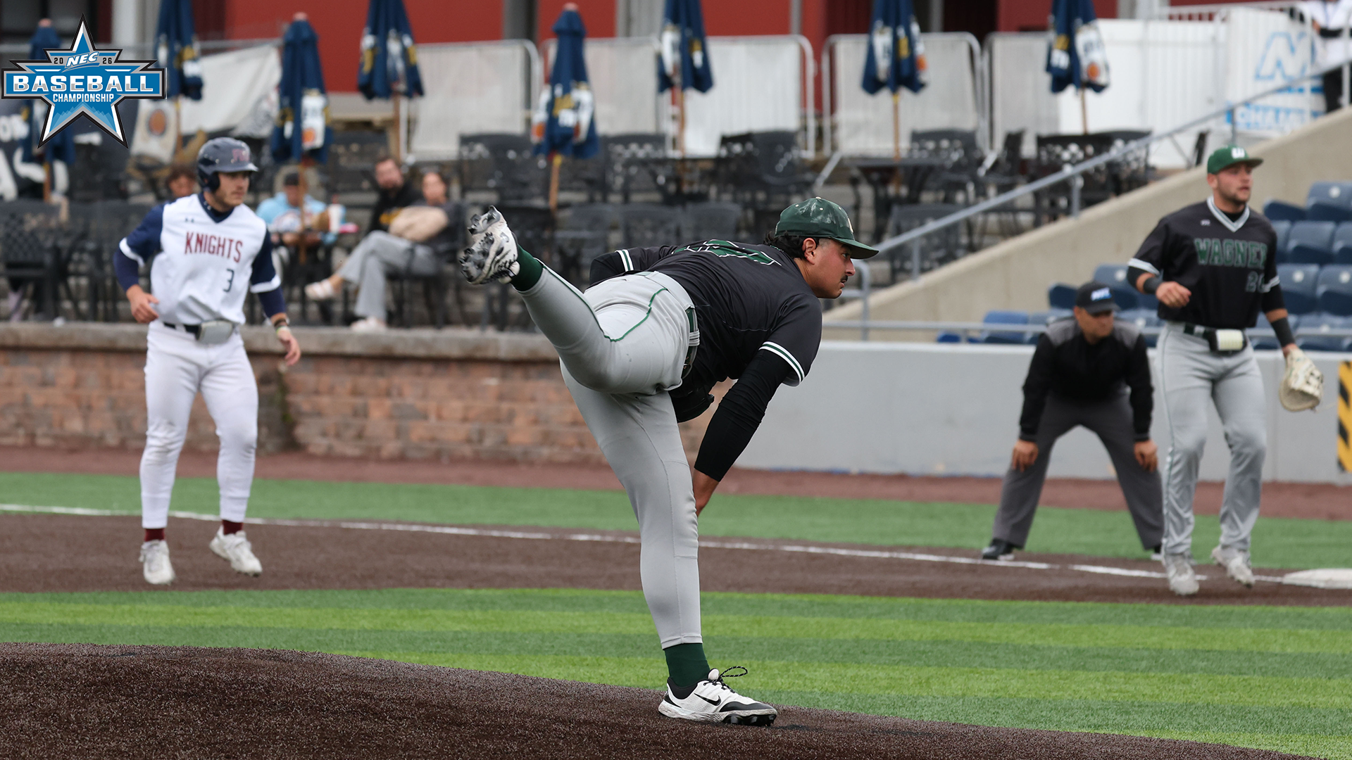 Joseph Steventon pitching against FDU in the 2026 NEC Tournament 5/21/26