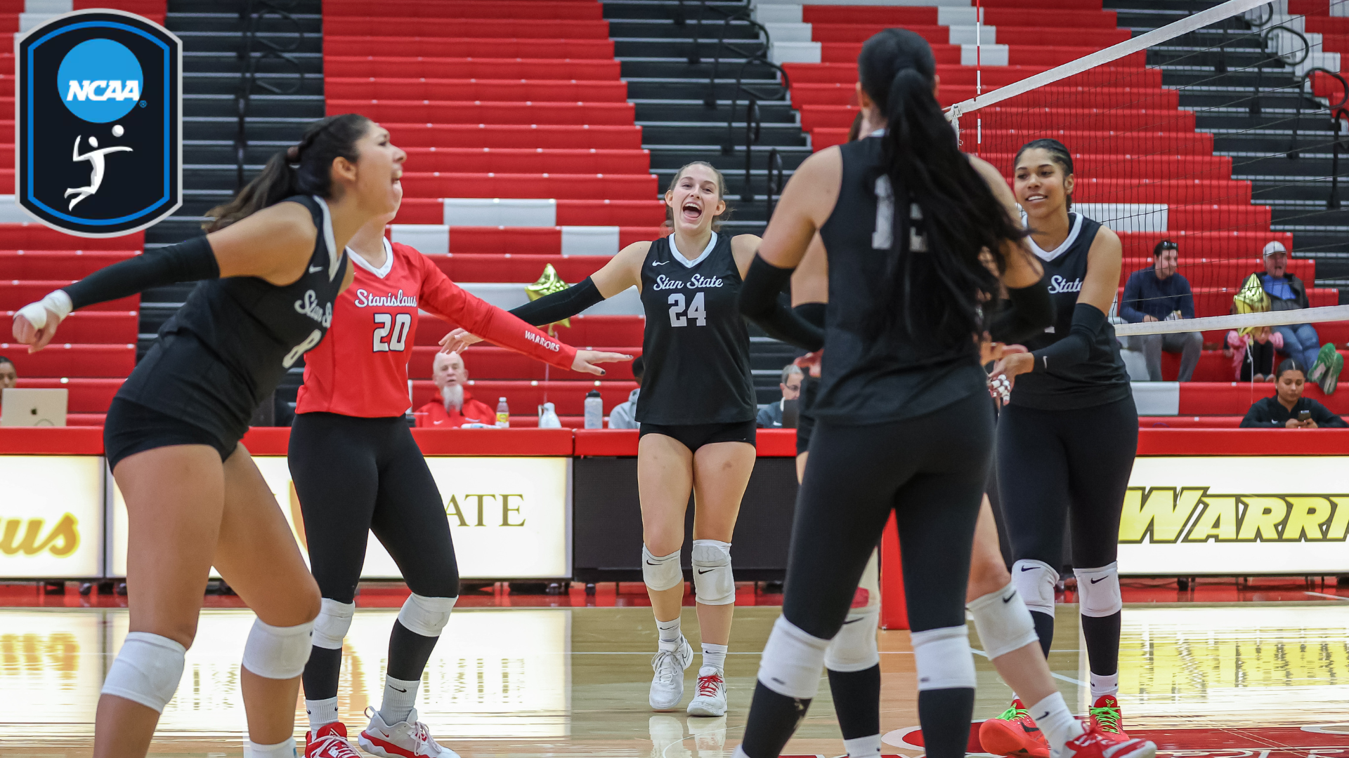 The volleyball teams cheers together after a point. The NCAA volleyball logo is in the top left.