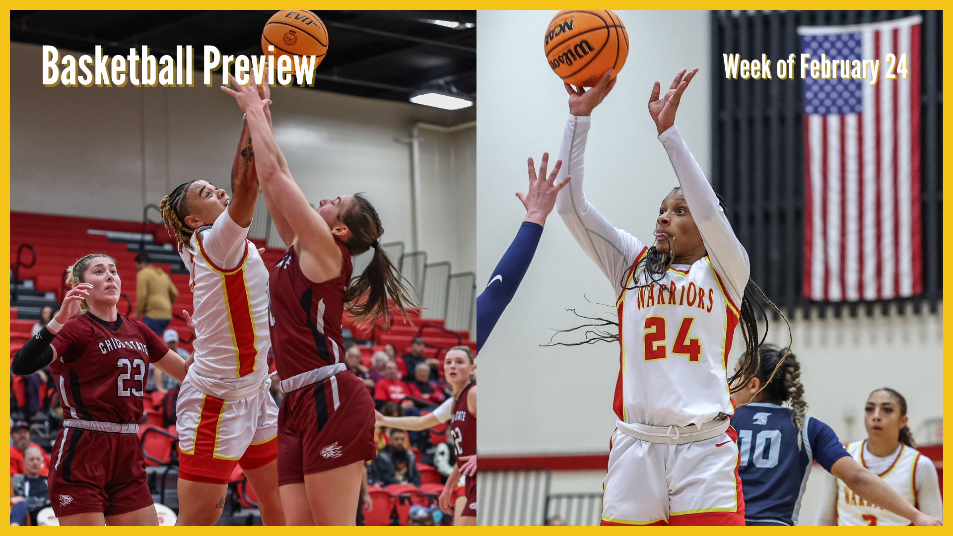 Daja Scott-Mitchell stretches to snag the ball, while Da'Myiah Lewis reaches to make the shot. Text in the top left reads 