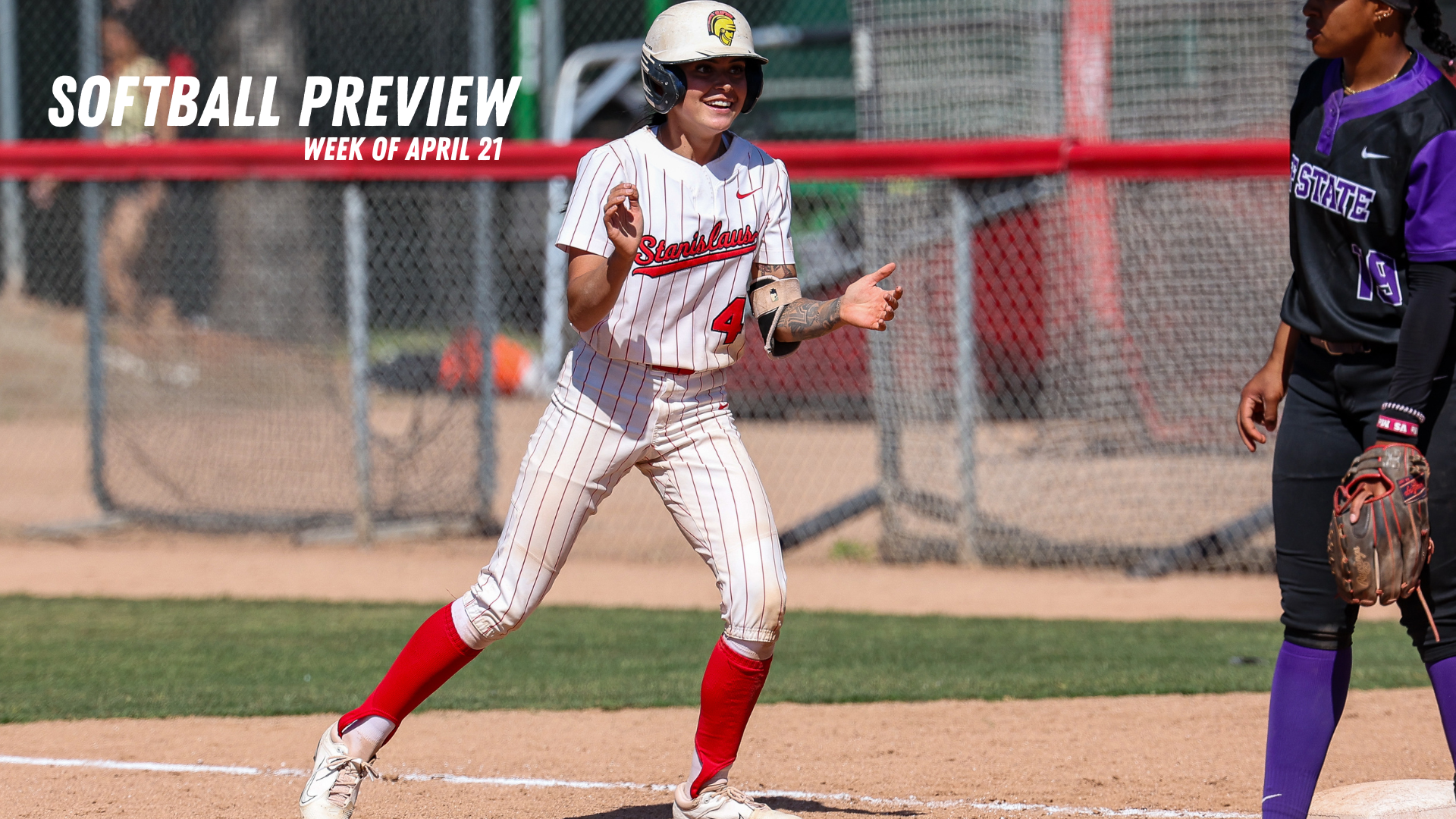 Sarah Warden claps and smiles as she gets on base. In the top left, text reads 