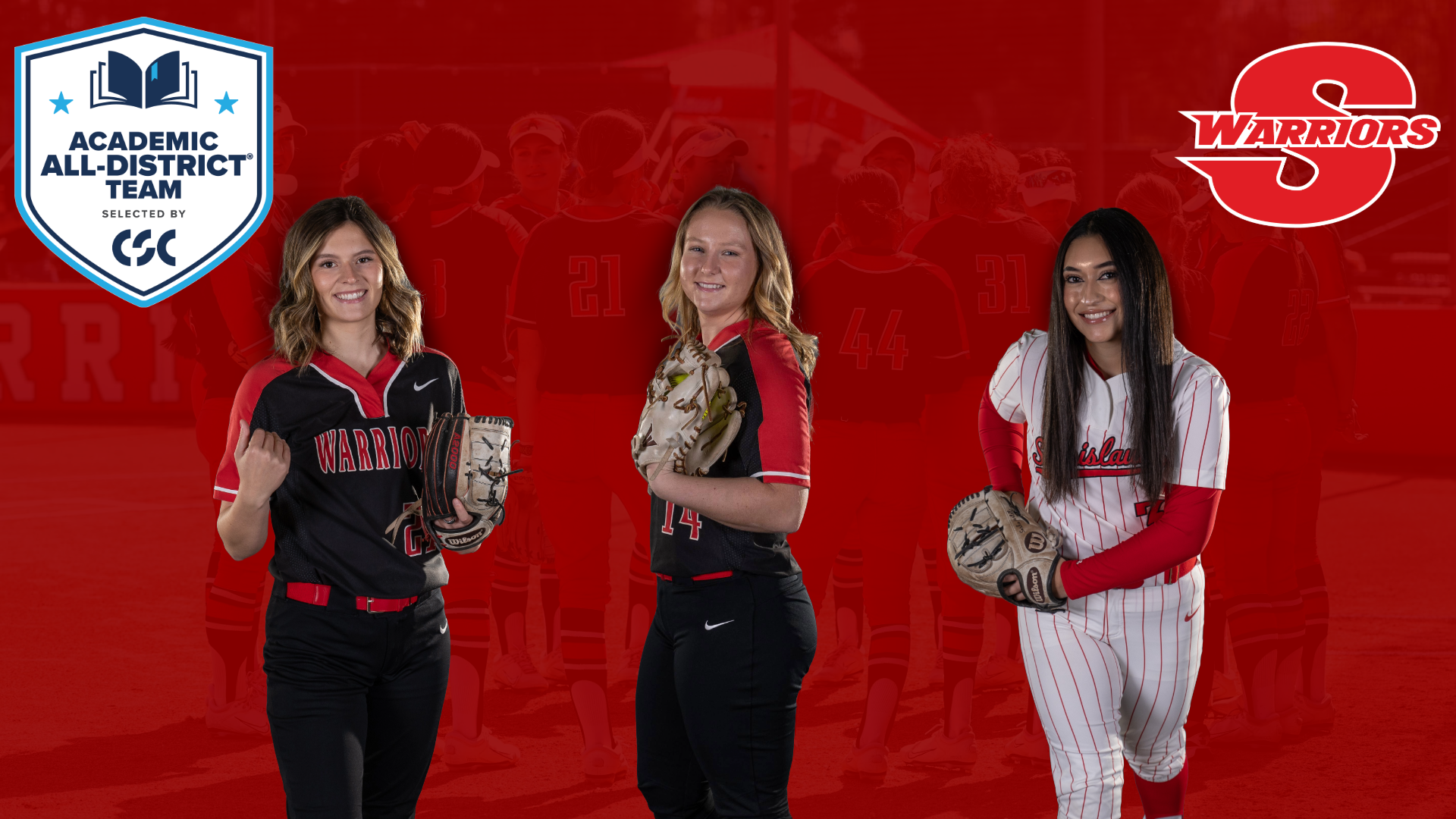 Karli DalBianco, McKenna Beach, and Sasha Martello pose on a dark red background. The CSC Academic All-District logo is in the top left, while the Stan State Warriors S logo is in the top right.
