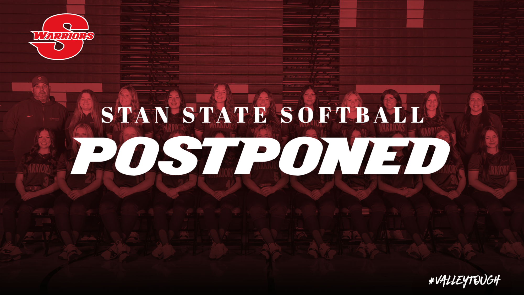 Stan State Softball team photo with text over top that reads, 