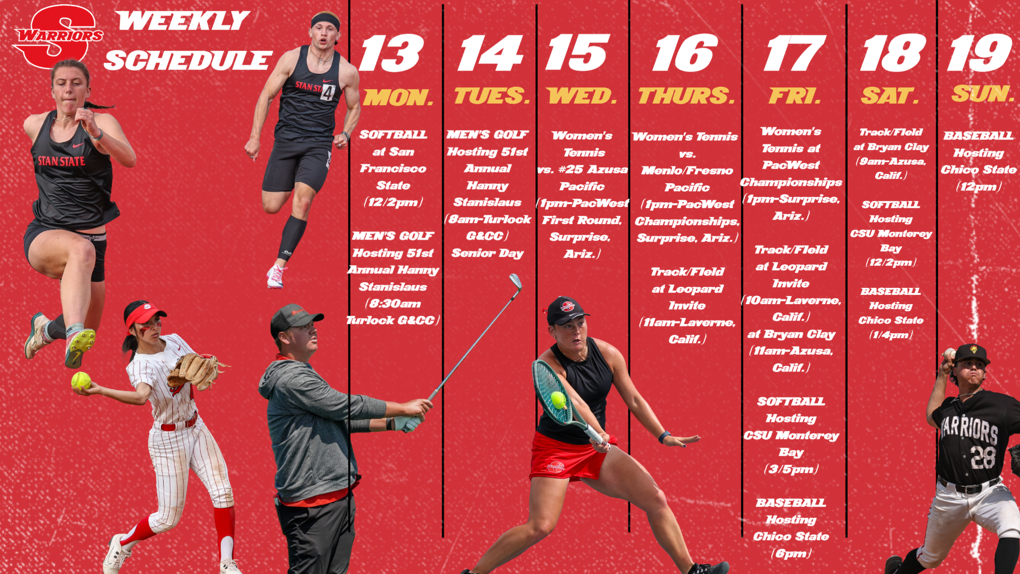 “Stan State Warriors weekly schedule graphic on a red background for April 13 through Sunday the 19th. Monday features softball at San Francisco State and men’s golf hosting the Hanny Stanislaus Invitational. Tuesday continues men’s golf. Wednesday through Friday includes women’s tennis at the PacWest Championships and track and field at the Leopard Invitational and Bryan Clay meet. Friday through Sunday includes home softball games against CSU Monterey Bay and home baseball games against Chico State. The graphic also includes images of Stan State student-athletes from track, softball, golf, tennis, and baseball.”