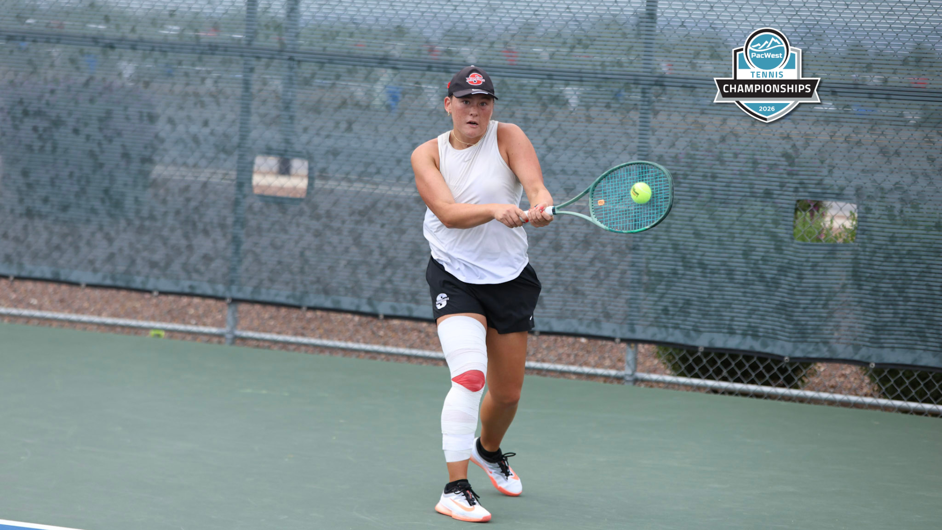 Emma Yu hits a forehand during a Stan State women’s tennis match at the PacWest Championships.