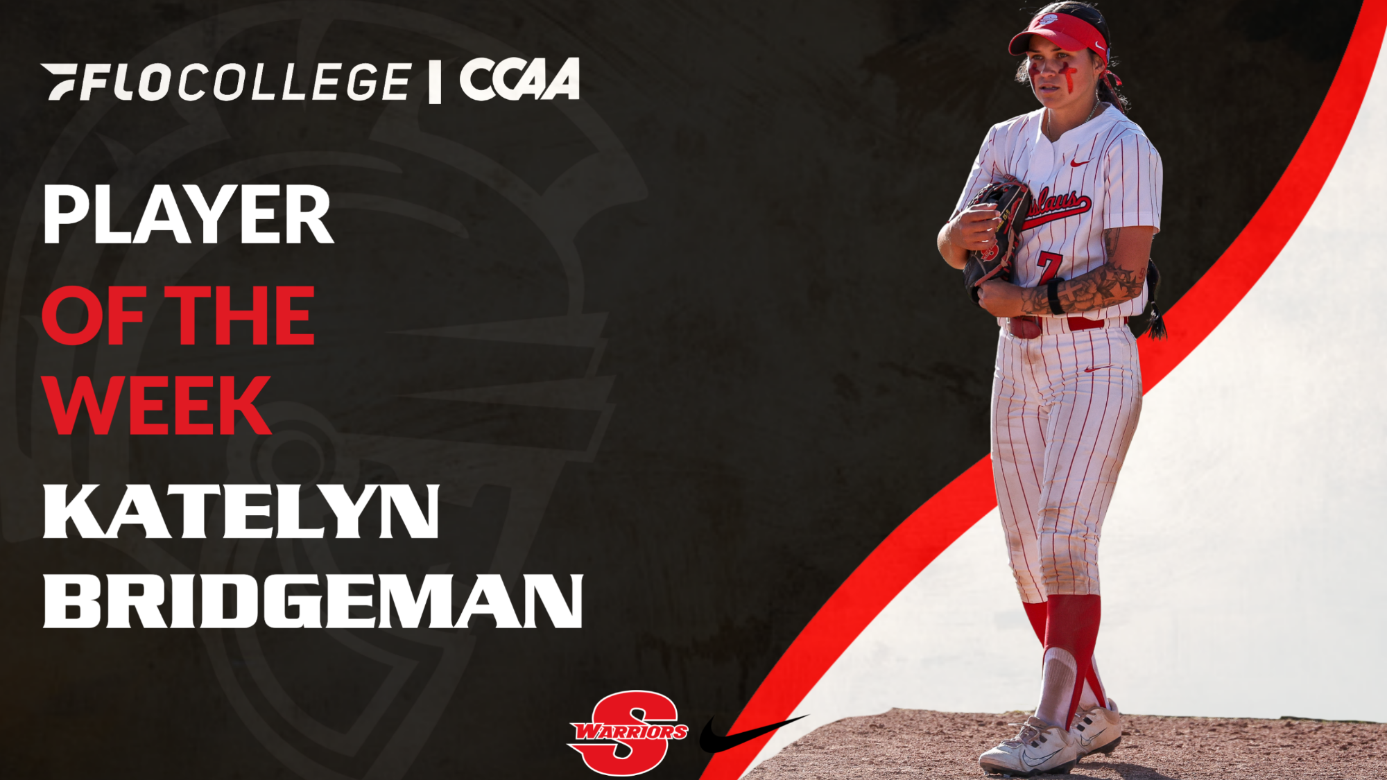 Graphic of Stan State softball player Katelyn Bridgeman named CCAA Player of the Week, shown in uniform holding a glove.
