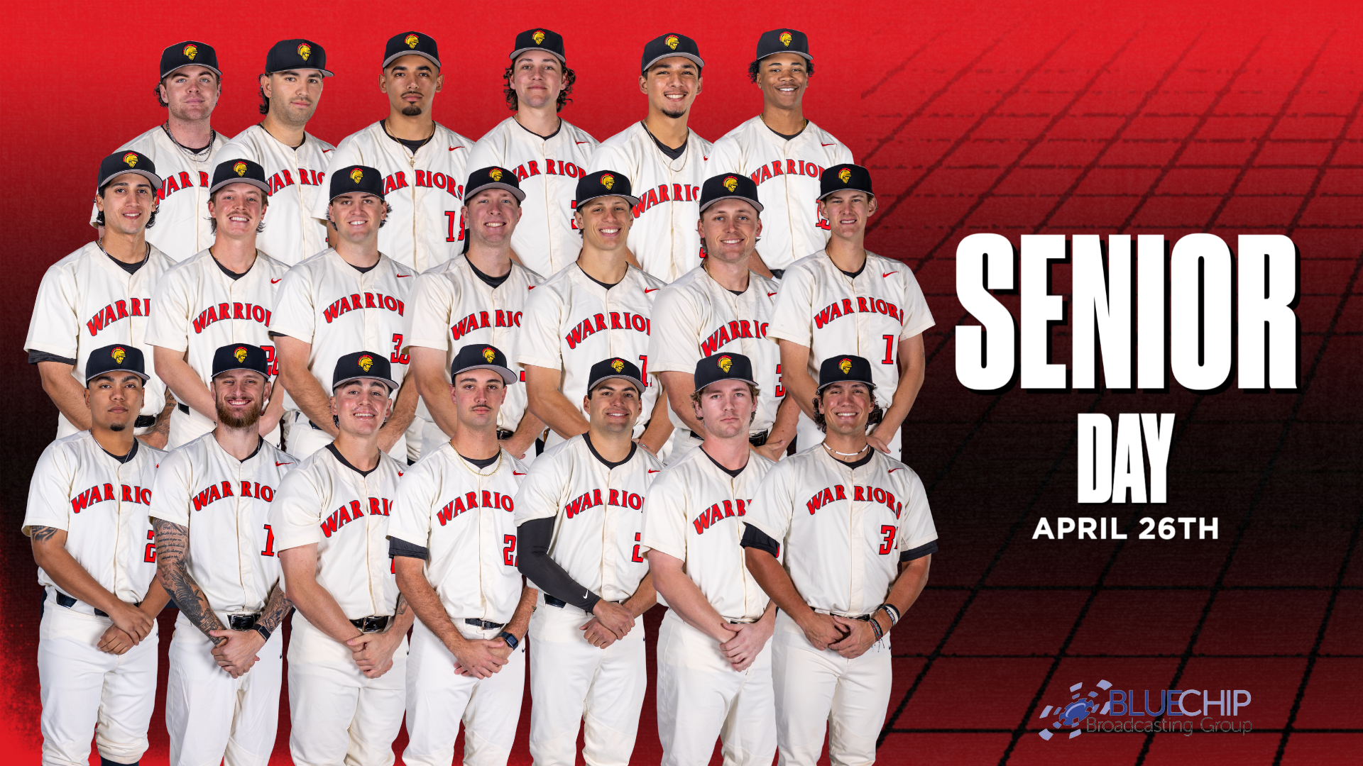 A promotional graphic featuring 20 senior baseball players in white “Warriors” uniforms and black caps, posed together in three rows. The red background includes a subtle field pattern, with bold text reading “Senior Day – April 26th.” A BlueChip Broadcasting Group logo appears in the bottom-right corner.