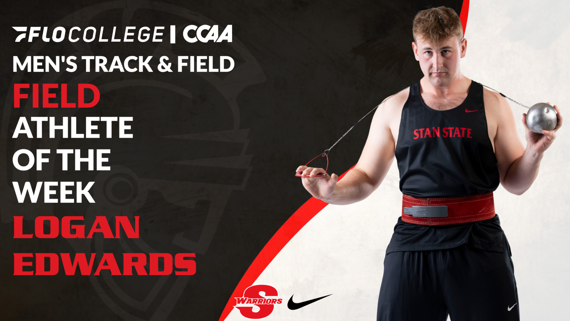 Logan Edwards holding a Hammer. Text implying that he won CCAA Field Athlete of the Week.