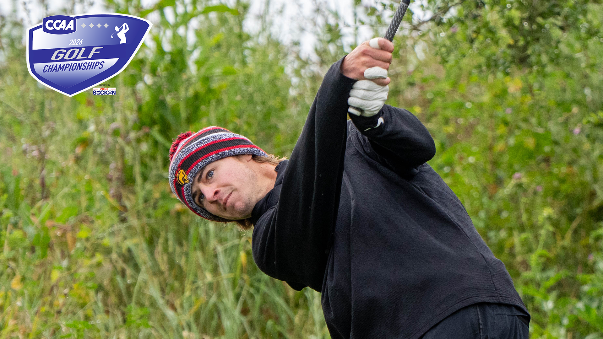 Riley Kirk teeing off in the final round of the CCAA Championships