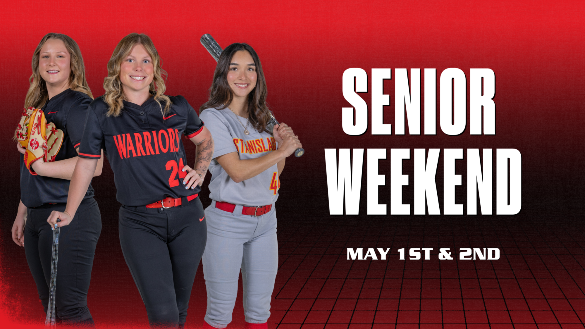 Stan State softball seniors Malia Babasa, McKenna Beach, and Emily Bigley pose in uniform; text reads “Senior Weekend, May 1st & 2nd.”