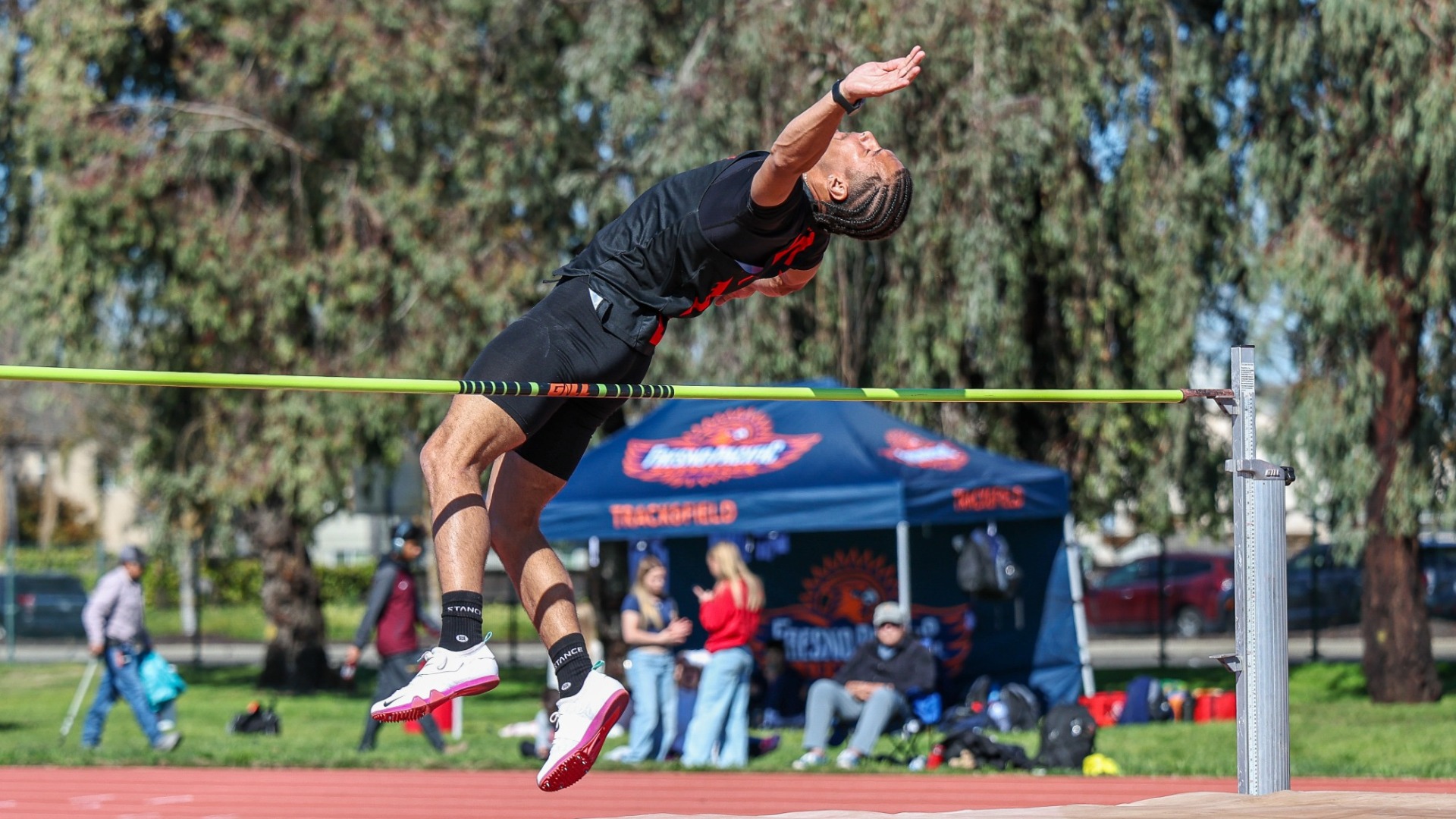  Joseph Easterwood, jumping over the bar during the high jump.