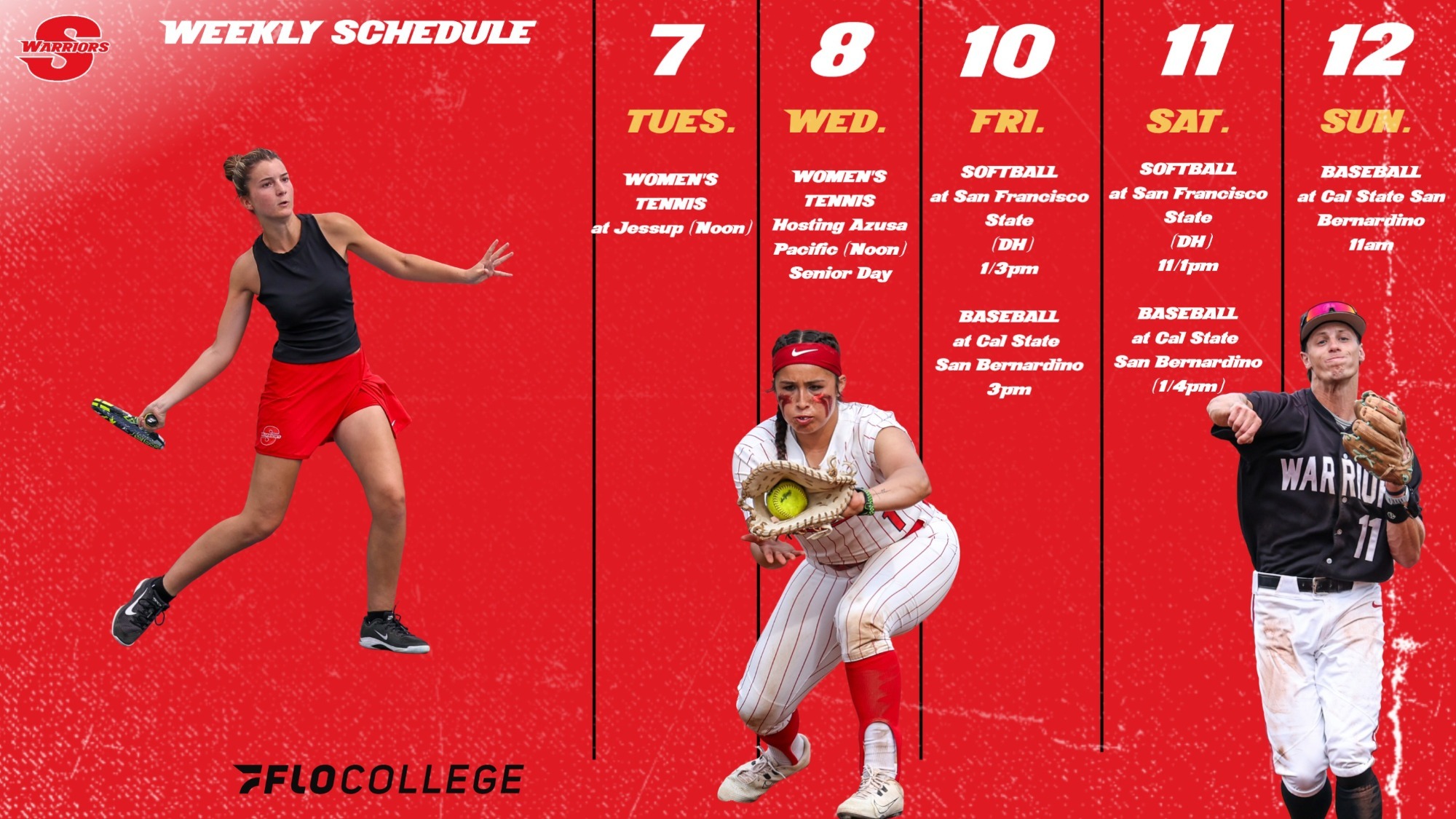 Graphic showing Stan State Warriors weekly schedule for April 7–12. Women’s tennis plays Tuesday at Jessup (noon) and hosts Azusa Pacific on Wednesday (noon) for Senior Day. Softball competes in doubleheaders at San Francisco State on Friday (1/3 p.m.) and Saturday (11 a.m./1 p.m.). Baseball plays at Cal State San Bernardino on Friday (3 p.m.), Saturday (1/4 p.m.), and Sunday (11 a.m.). Images of a women’s tennis player, softball infielder fielding a ball, and baseball player throwing appear on a red background with FloCollege branding.
