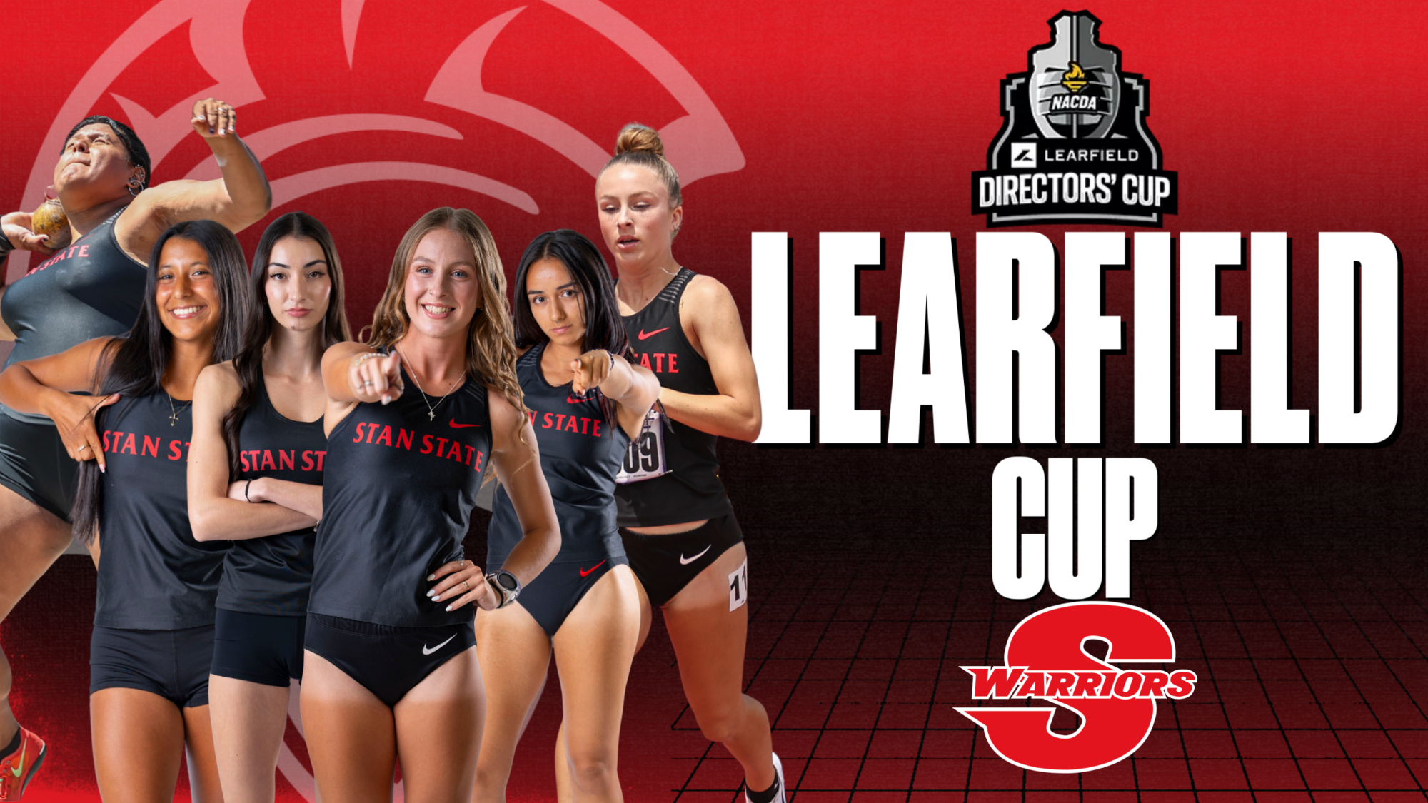 A promotional graphic featuring five Stan State women’s track and field athletes in black uniforms posing in front of a red background with a faint warrior logo. The NACDA Learfield Directors’ Cup logo appears at the top right, with large text reading “LEARFIELD CUP” and the Warriors “S” logo at the bottom.