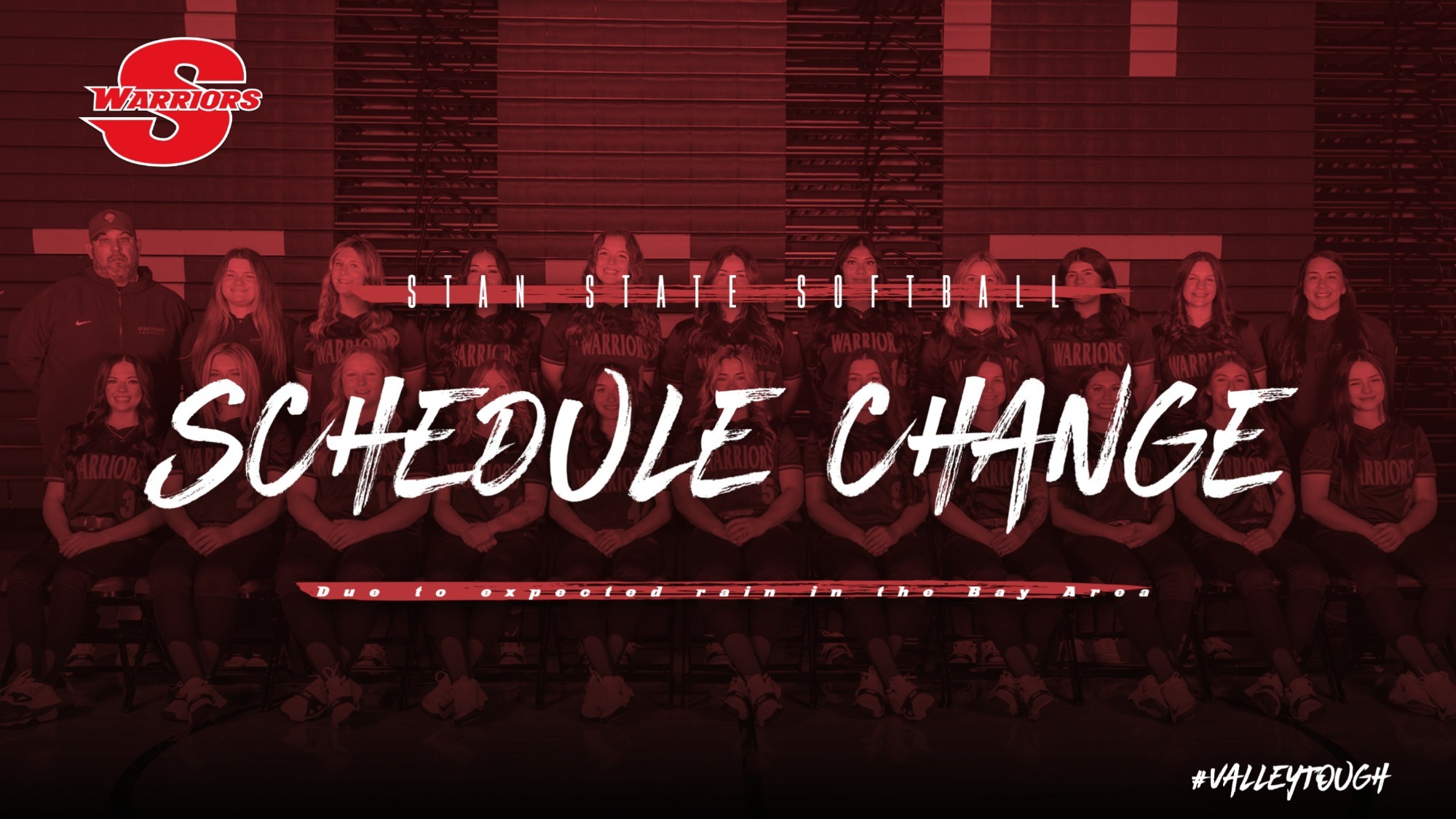 Stan State softball schedule change graphic announcing a rescheduled doubleheader at San Francisco State due to expected rain in the Bay Area.