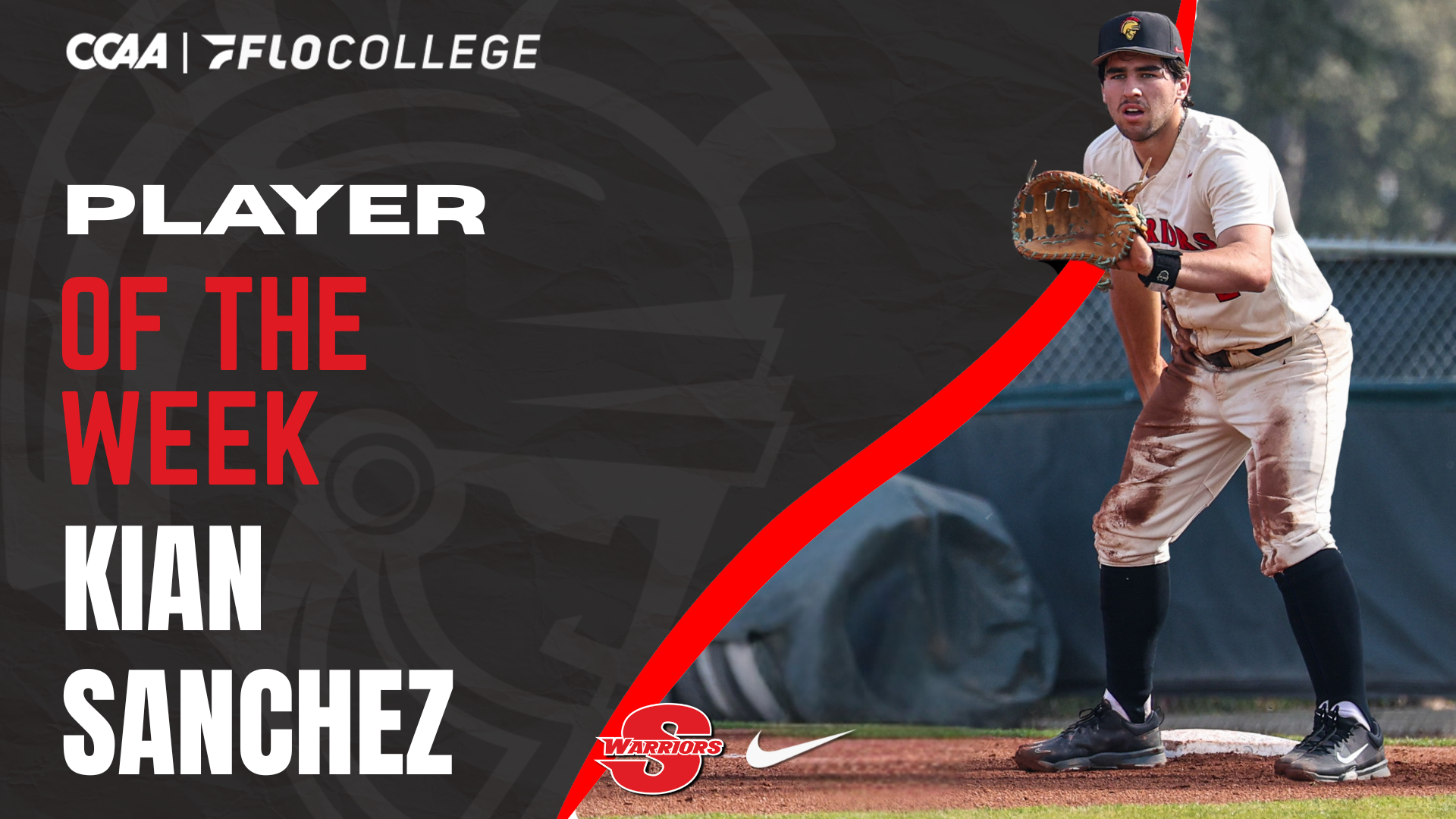 Action shot of Kian Sanchez and words saying FloCollege/CCAA Player of the Week