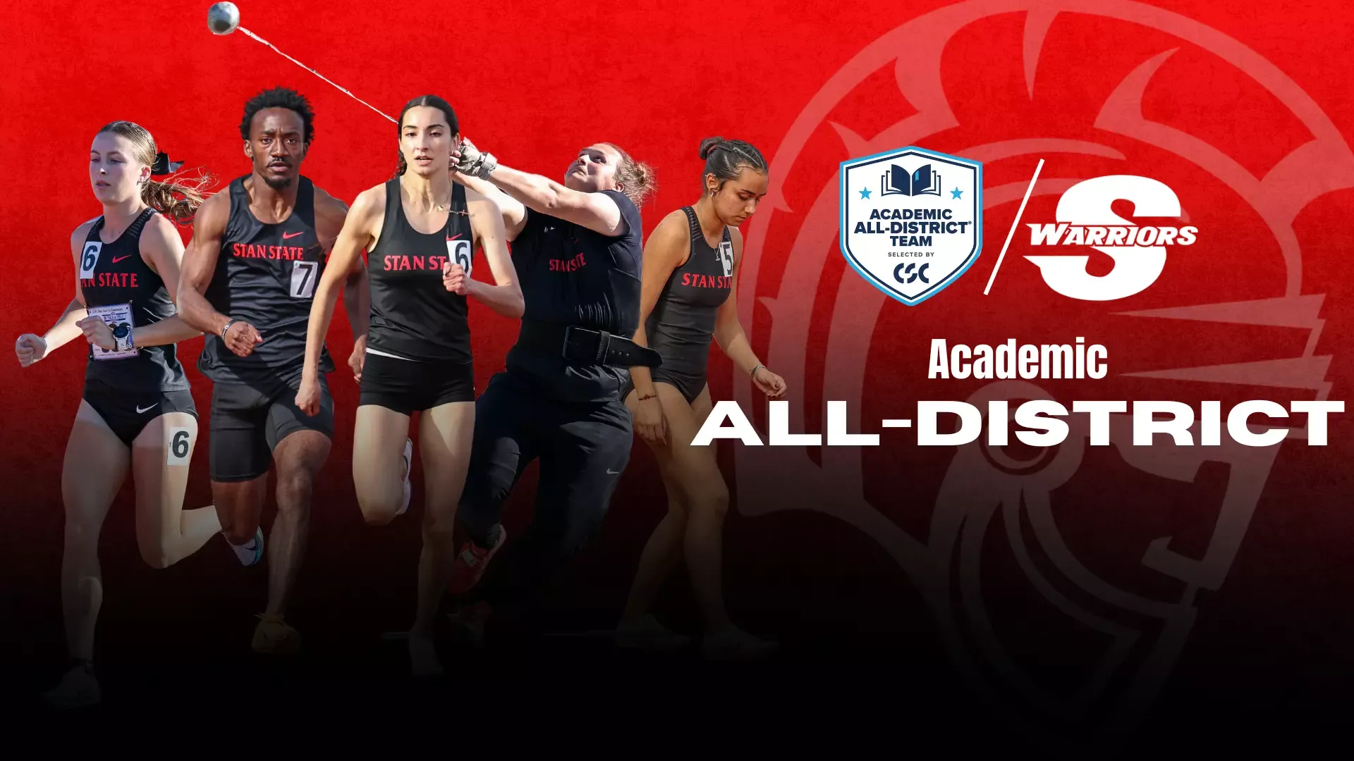 Action shots of the five Warriors named to the CSC Academic All-District Team with the CSC Logo