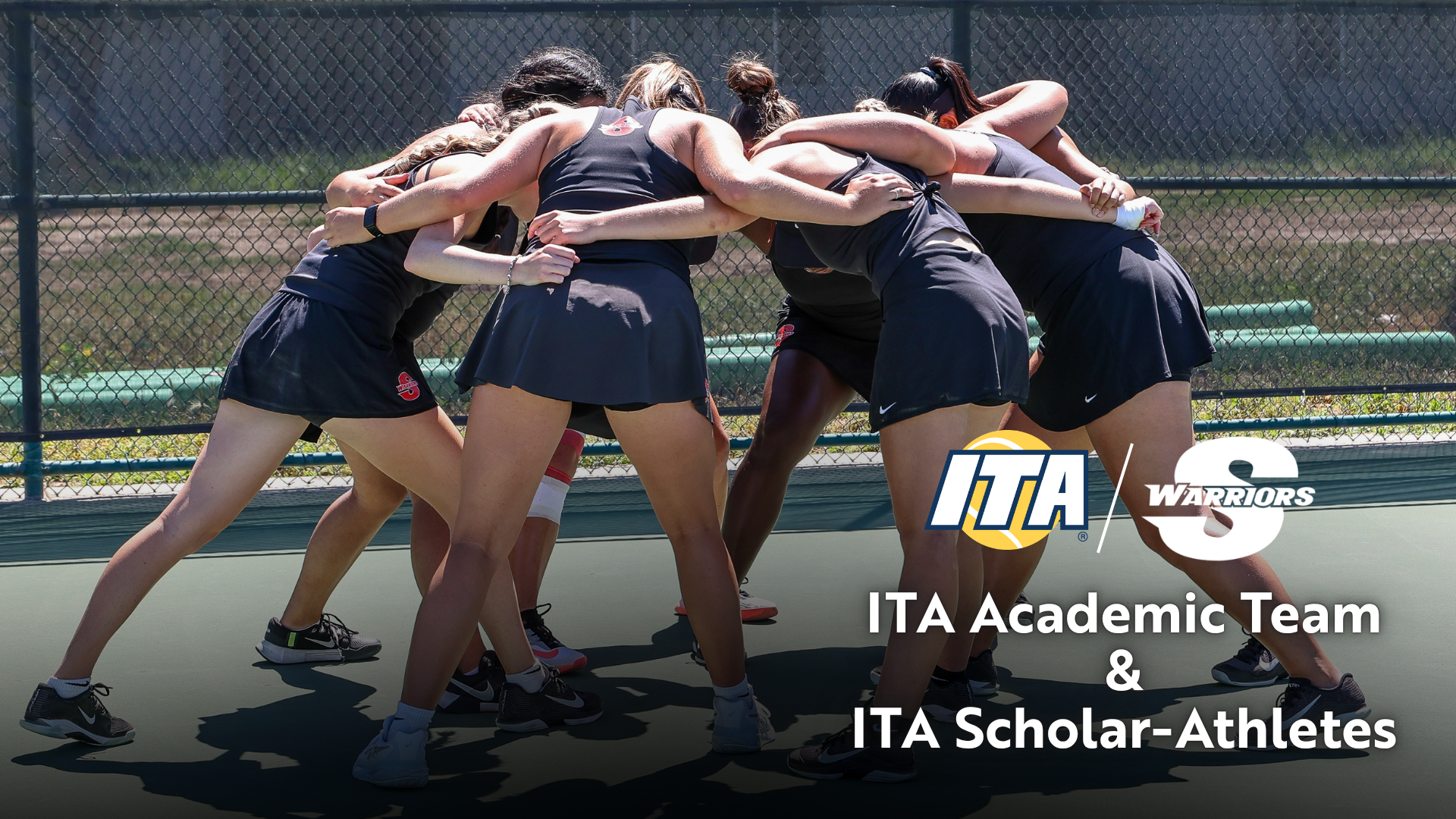 Stan State women's tennis team huddles together in a graphic announcing ITA All-Academic Team and ITA Scholar-Athlete honors.