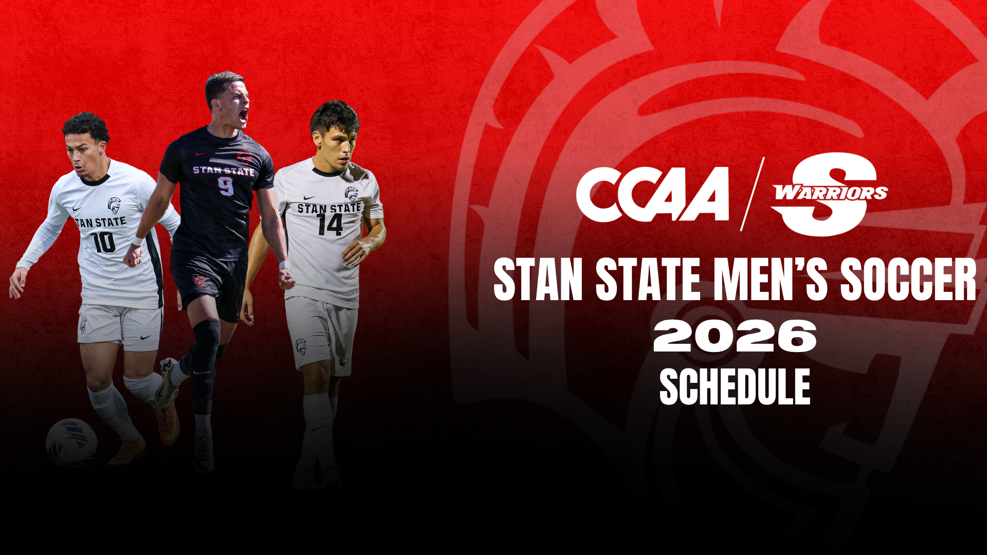 Action shots of Adrian Yepez, Gerardo Flores, Emma Duran and logo of Stan State 