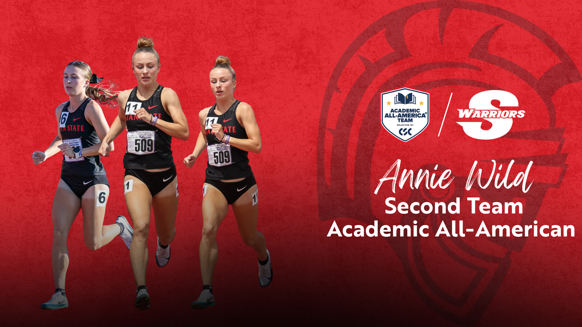 Annie Wild CSC Academic All-American with action shots of her ang logos of CSC and Stan State