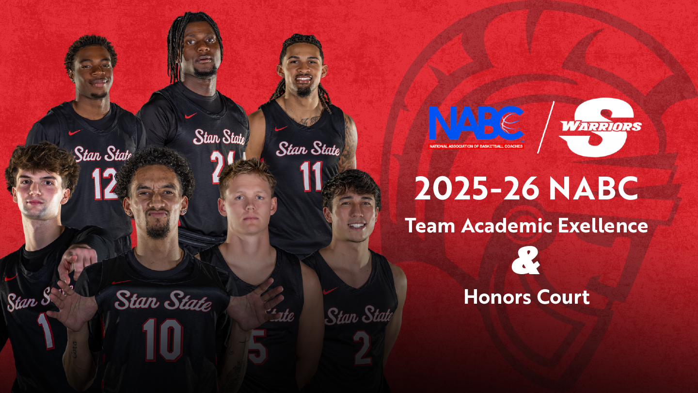 Photos of the 7 Warriors named to the NABC Honors Court with Warriors logo and NABC Logo