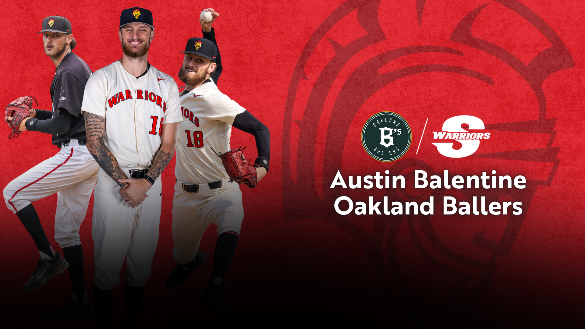 action shots of Austin Balentine with Oakland Ballers and Stan State Logos