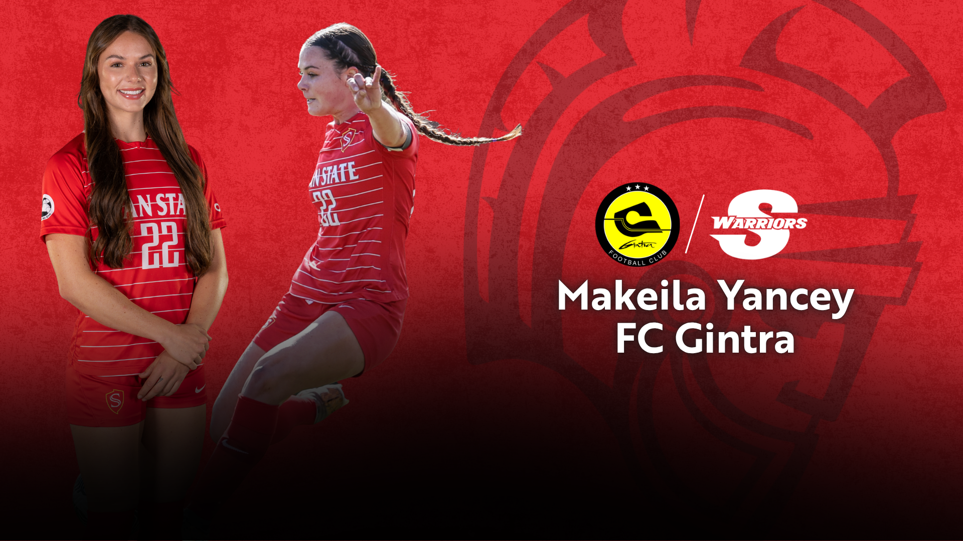 Photos of Makeila Yancey with logos of Stan State and her team that she signed FC Gintra