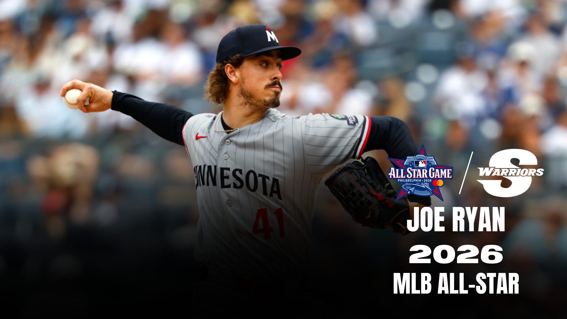 Photo of Joe Ryan pitching as a Minnesota Twin with the Stan State logo and MLB All Star Game Logo