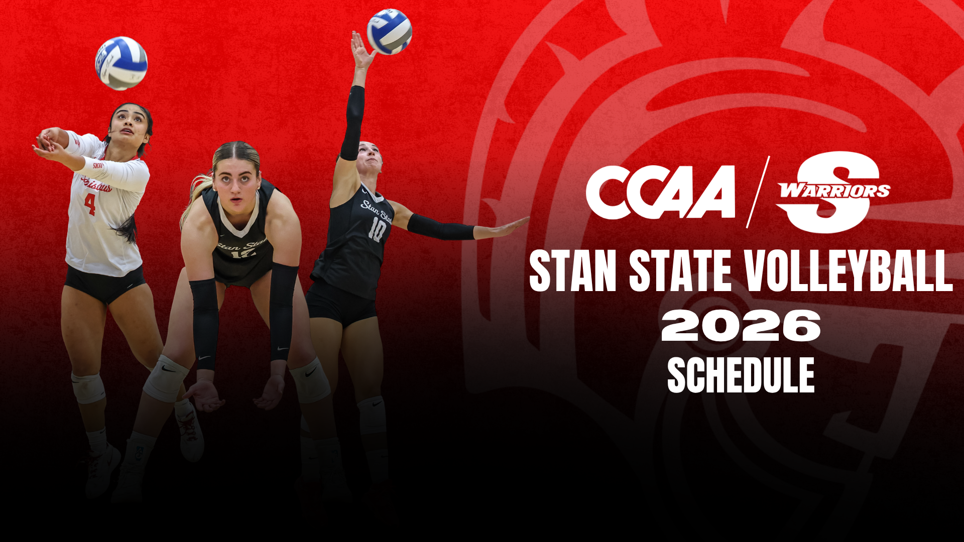 Three Action Shots of the Stan State Volleyball Players with the Warrior Logo