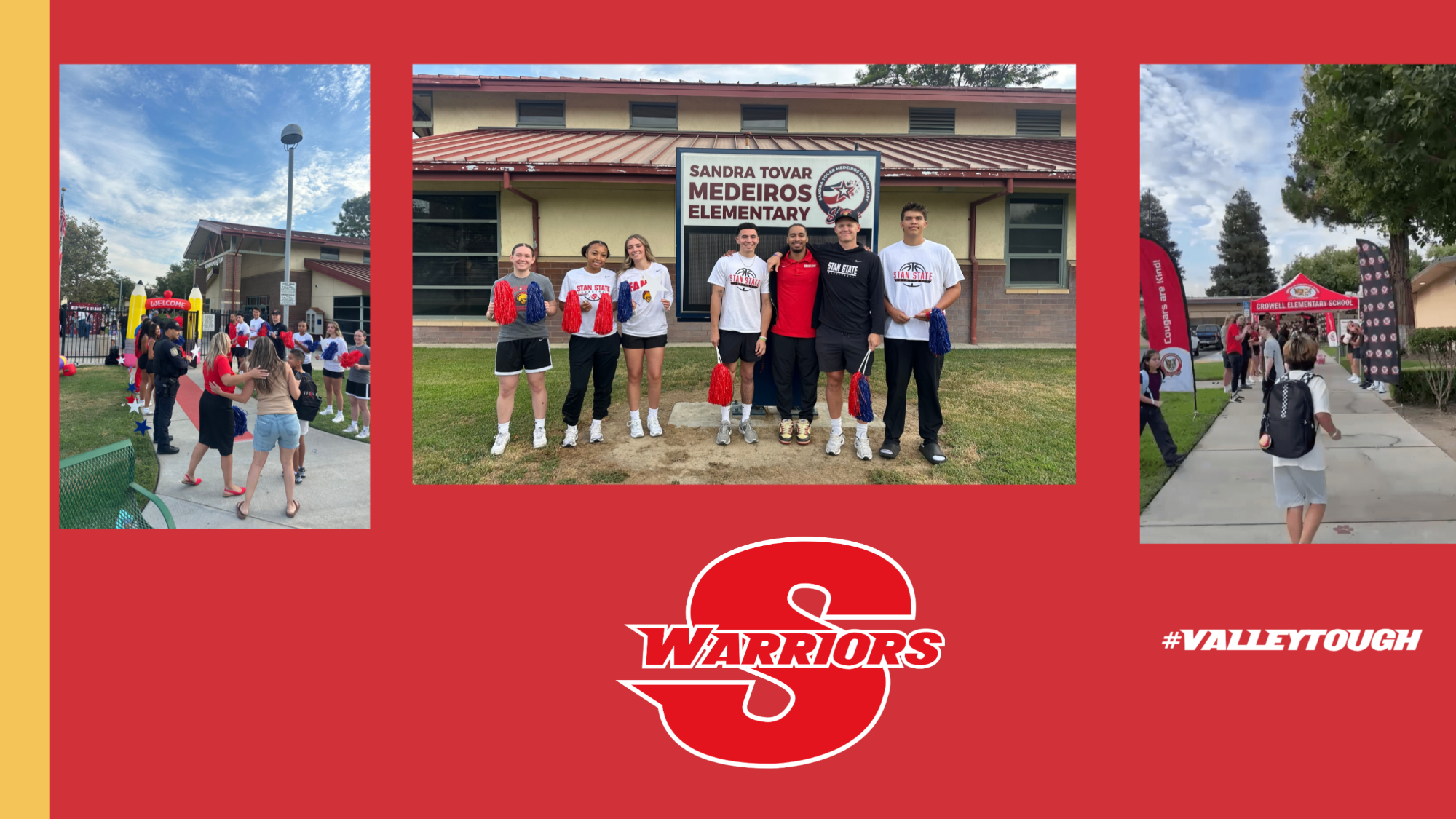 Photos of the Warrior men's and women's basketball teams and cheerleaders welcoming students back to school