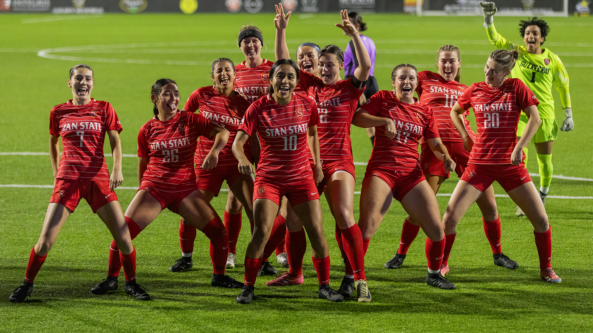Warrior Women's Soccer Celebrating After a Goal Scored in Last Year's CCAA Tourney