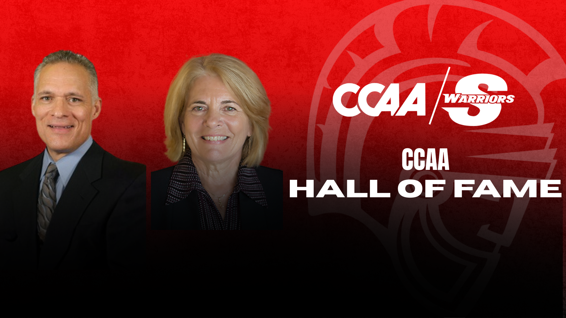 Head shots of former Warriors Larry Reynolds and Kim Duyst with CCAA logo and Warrior logo