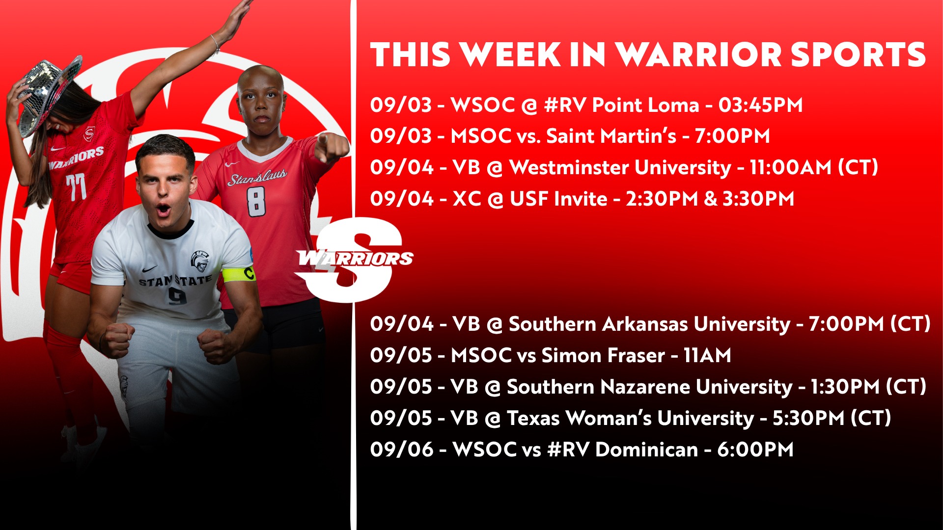 This Week in Warrior Sports graphic featuring Stan State soccer and volleyball student-athletes with the Sept. 3-6 schedule for soccer, volleyball, and cross countr