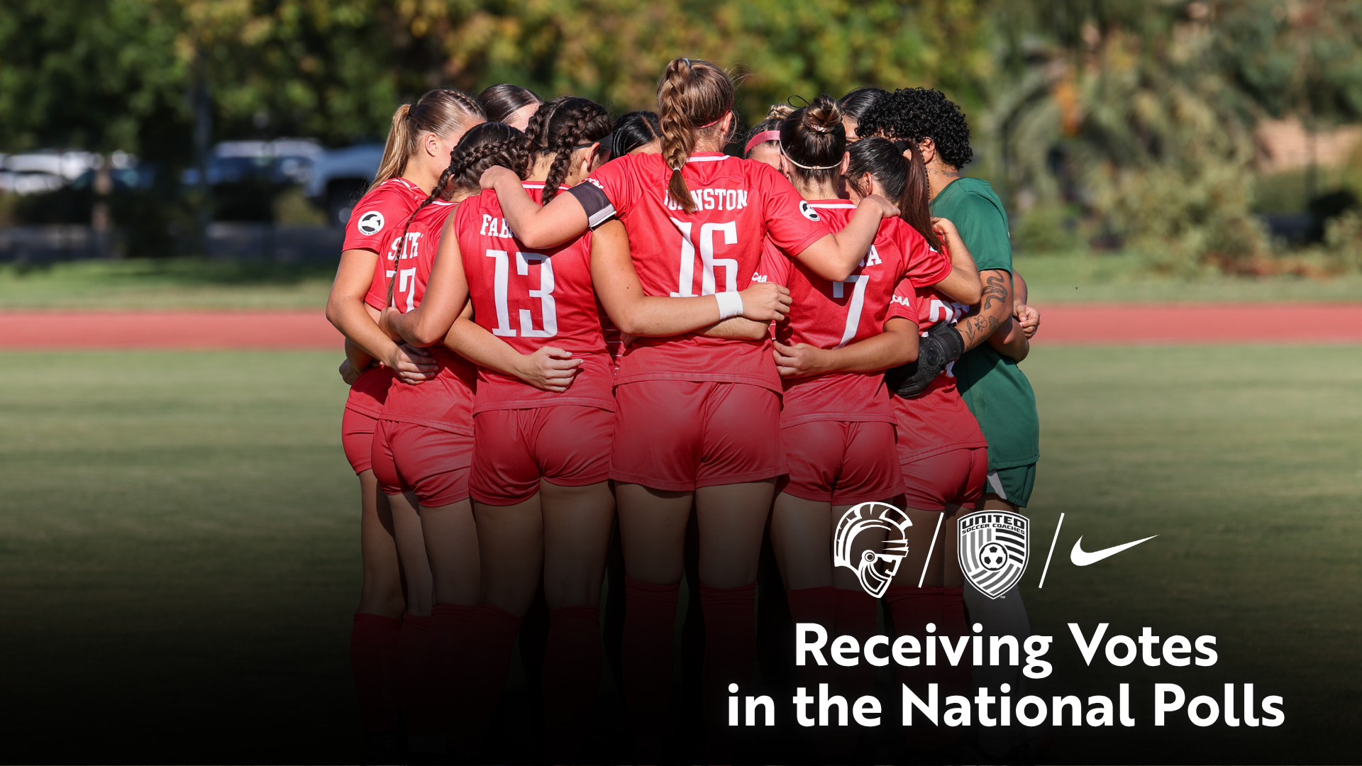 Photo of Women's Soccer in a huddle, who is receiving votes nationally