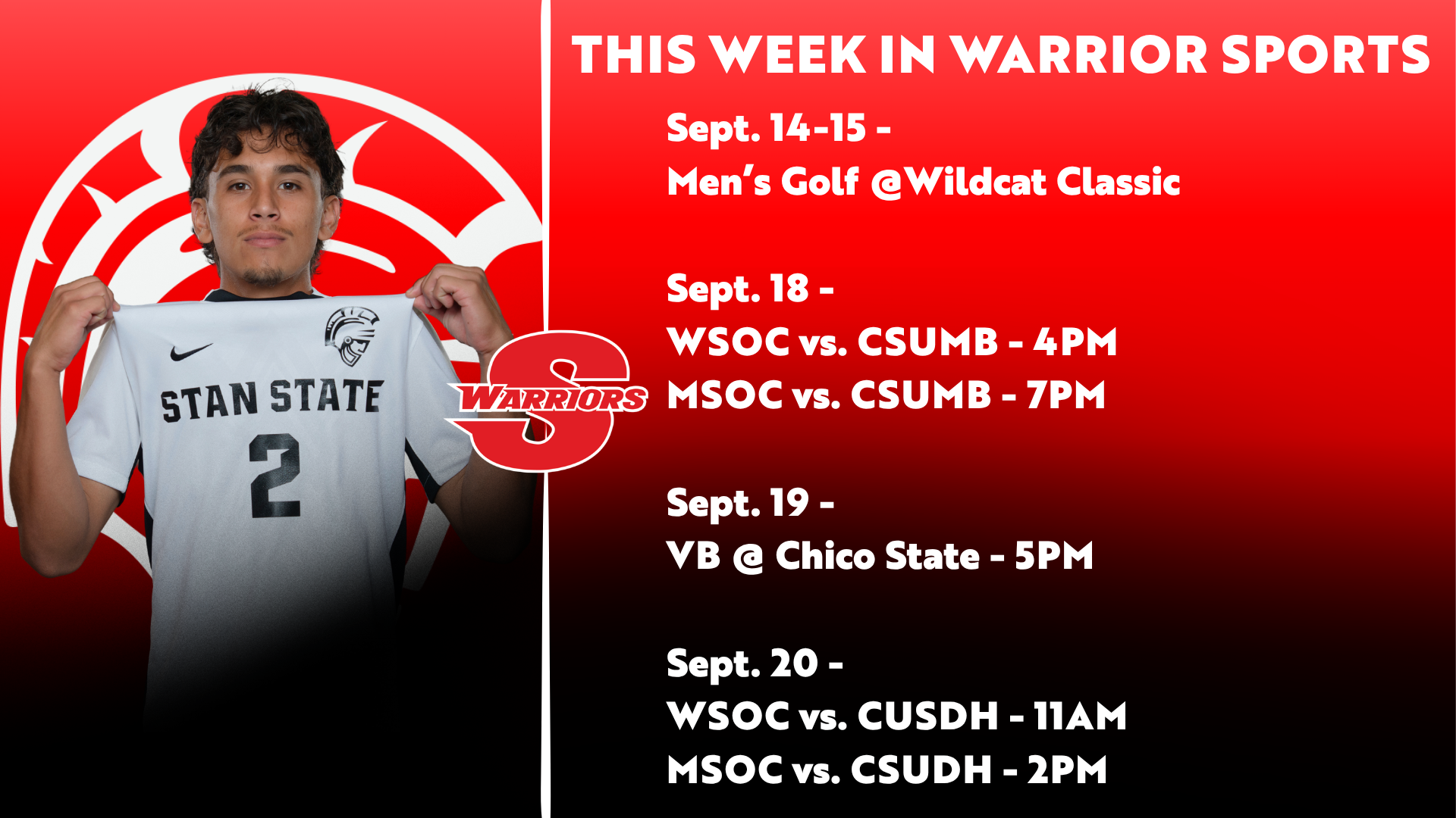 This Week in Warrior Sports, Sept. 14-20, featuring Stan State men’s soccer player Christian Brenes holding his No. 2 jersey, with upcoming men’s golf, soccer and volleyball events.