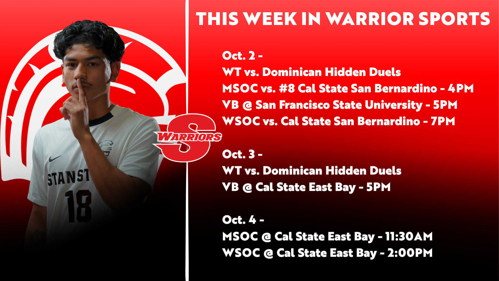  This Week in Warrior Sports graphic listing Stan State events from Oct. 2–4, including tennis, men’s and women’s soccer, and volleyball competitions.