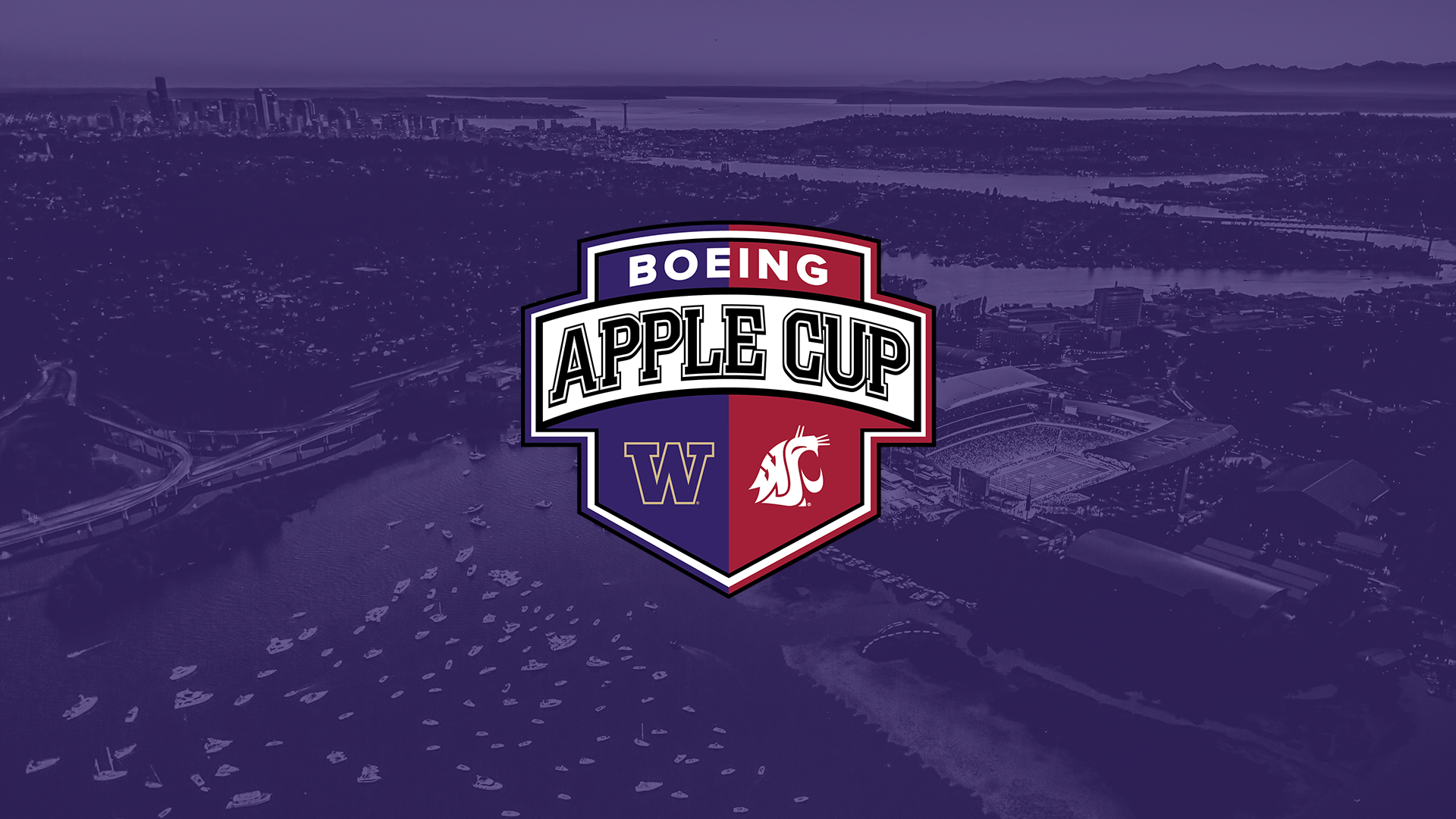 Boeing Apple Cup logo over Seattle background colored purple