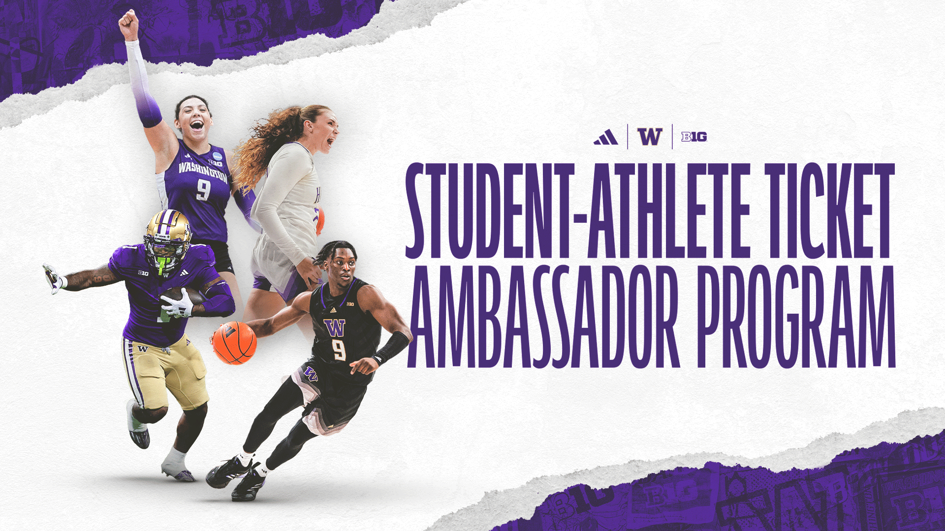 Student-Athlete Ticket Ambassador Program graphic with Kierstyn Barton, Jonah Coleman, Elle Ladine and Zoom Diallo