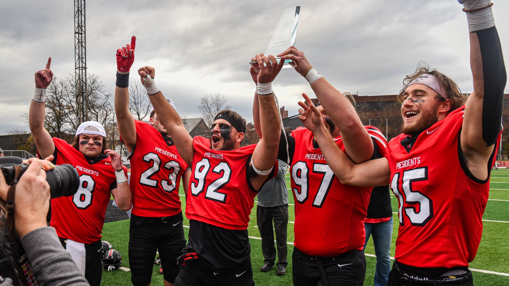 W&J Football Captains Celebrating back-to-back PAC Championships