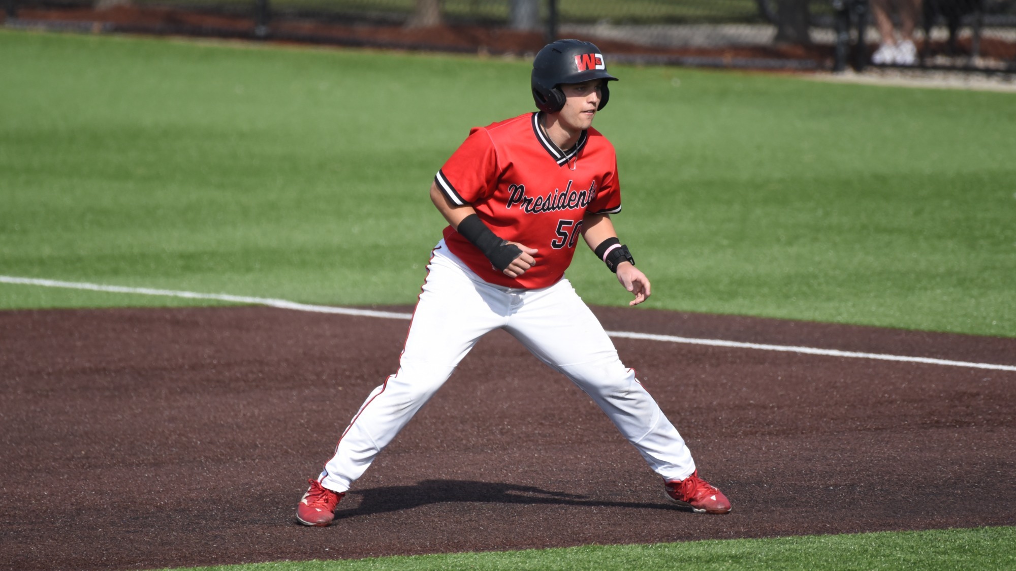 Seth Rosenfeld takes a lead off first base in a 2026 game versus Allegheny
