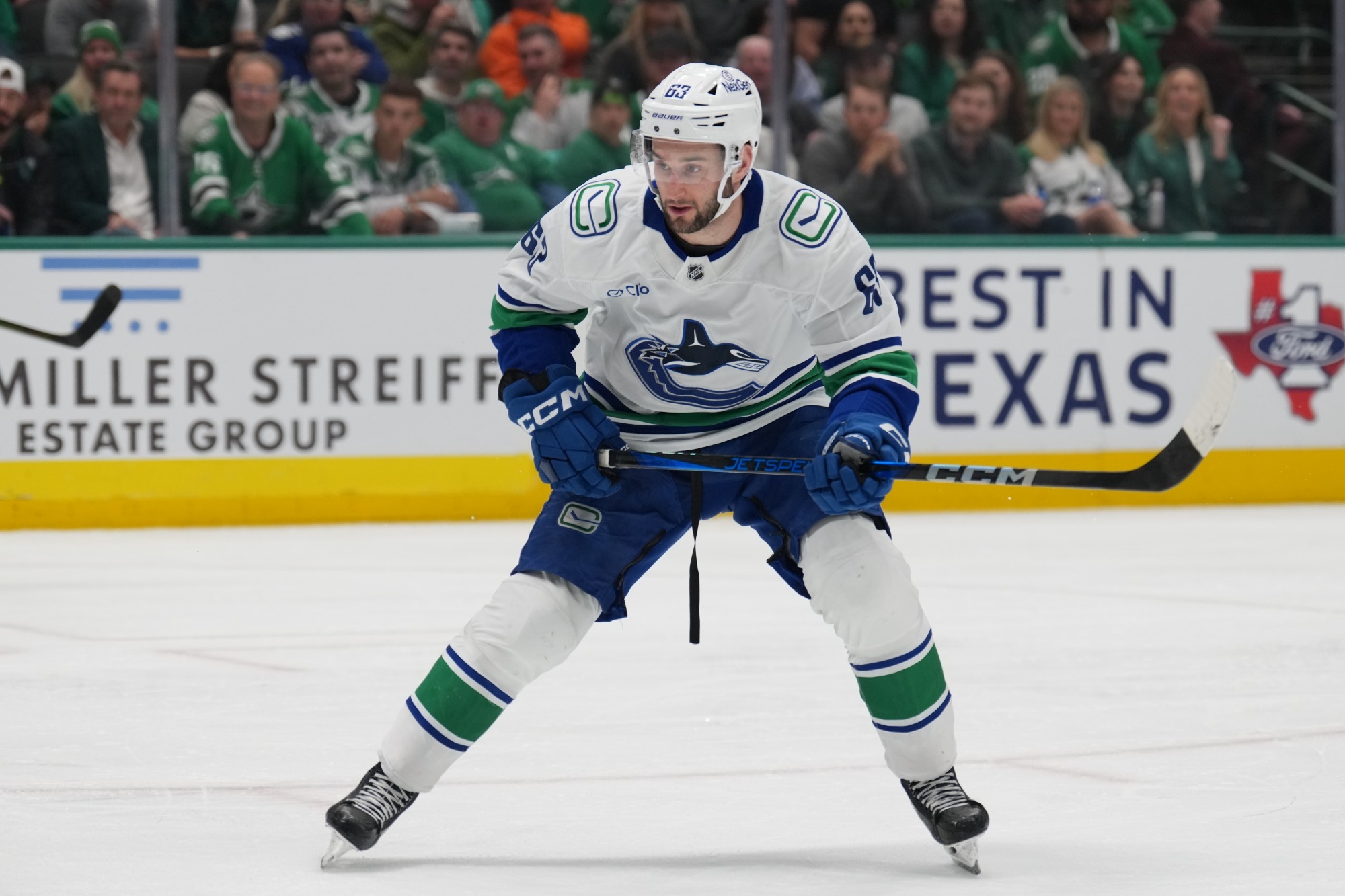 DALLAS, TX - APRIL 8: Max Sasson #63 of the Vancouver Canucks skates against the Dallas Stars at the American Airlines Center on April 8, 2025 in Dallas, Texas. (Photo by Glenn James/NHLI via Getty Images)