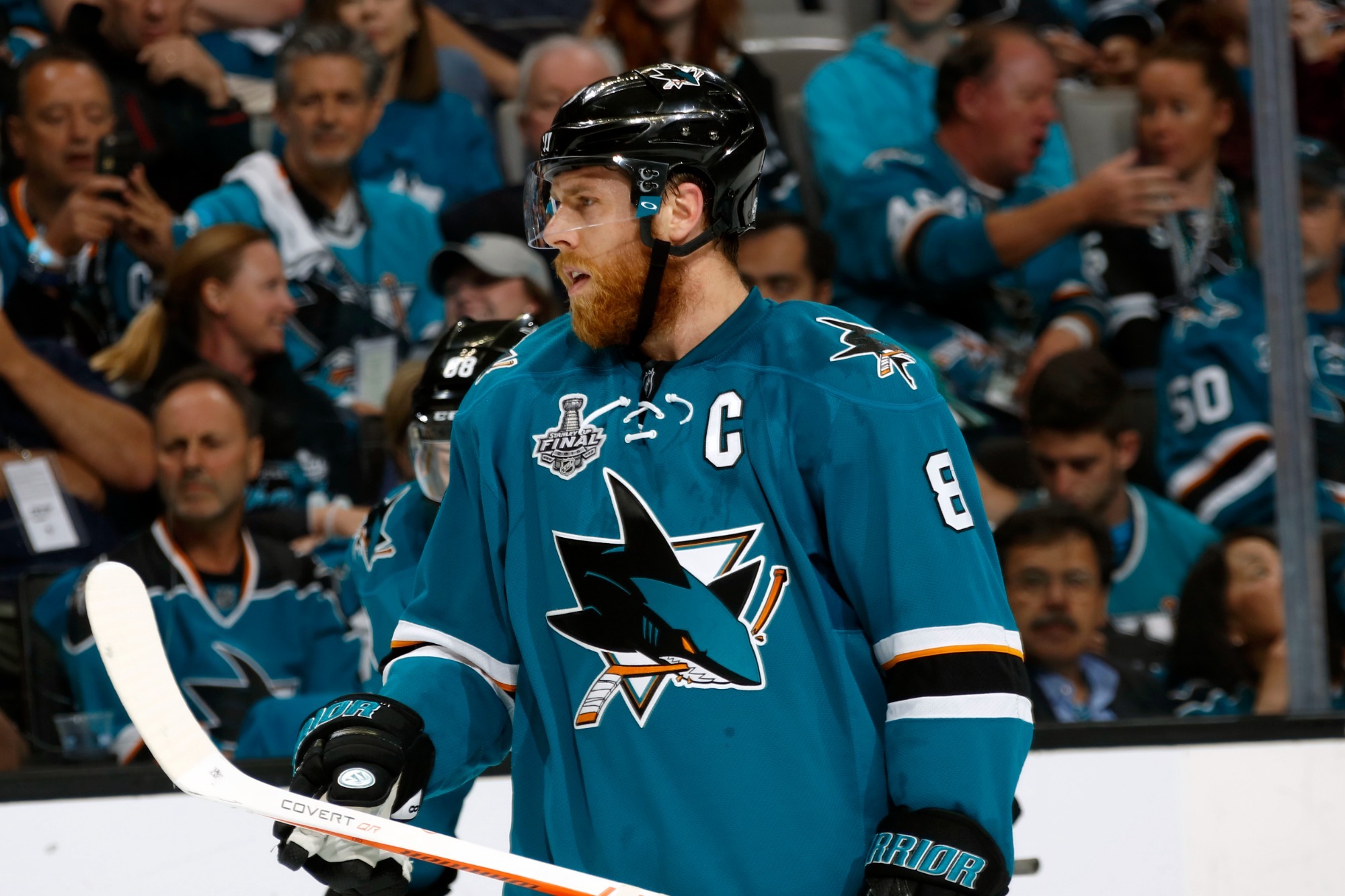 SAN JOSE, CA - JUNE 6: Captain Joe Pavelski #8 of the San Jose Sharks scans the ice at the end of the first period in Game Four of the 2016 NHL Stanley Cup Final at the SAP Center at San Jose on June 6, 2016 in San Jose, California. (Photo by Don Smith/NHLI via Getty Images)