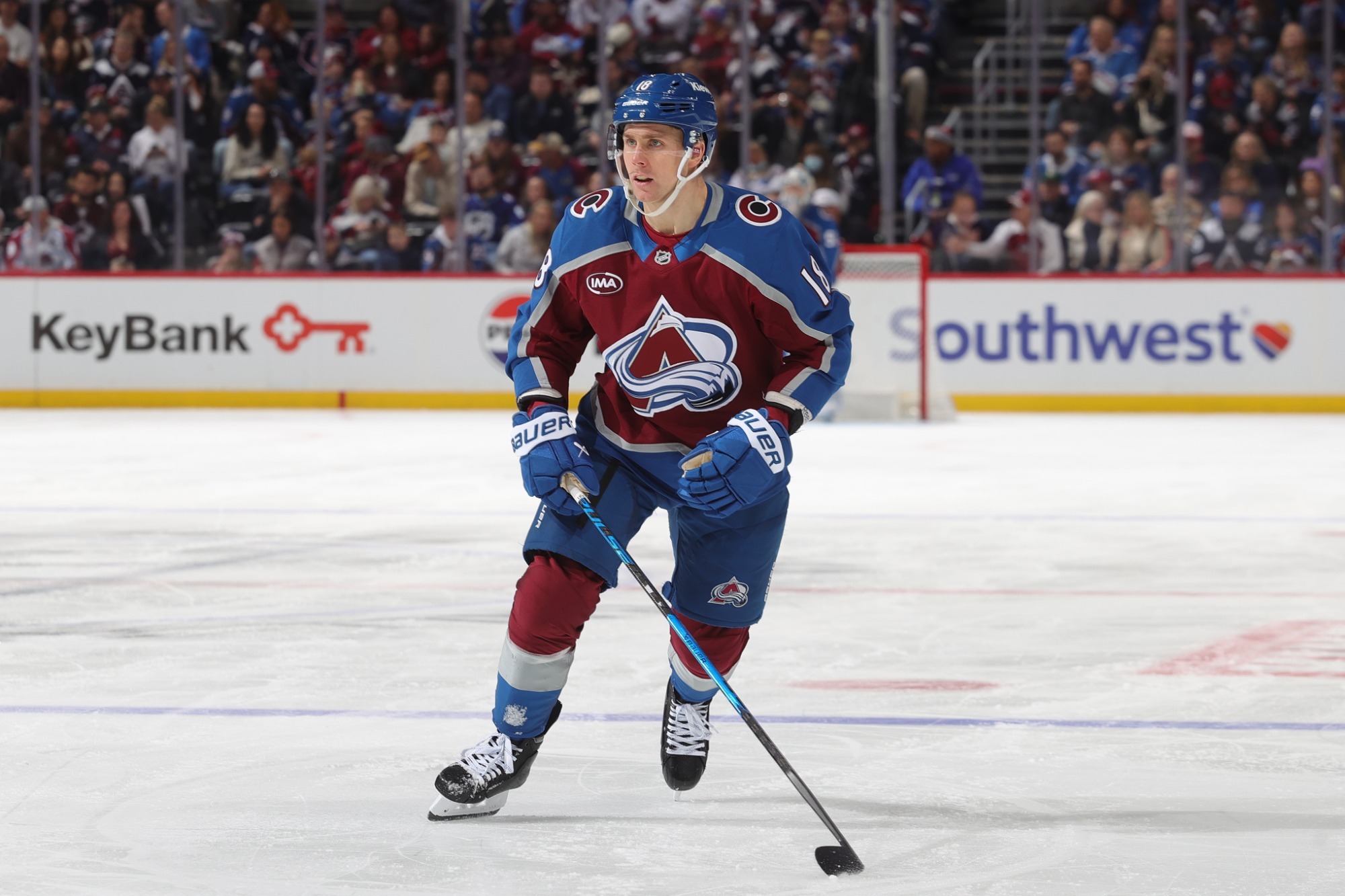 DENVER, COLORADO - JANUARY 10: Jack Drury #18 of the Colorado Avalanche skates against the Columbus Blue Jackets at Ball Arena on January 10, 2026 in Denver, Colorado. (Photo by Michael Martin/NHLI via Getty Images)