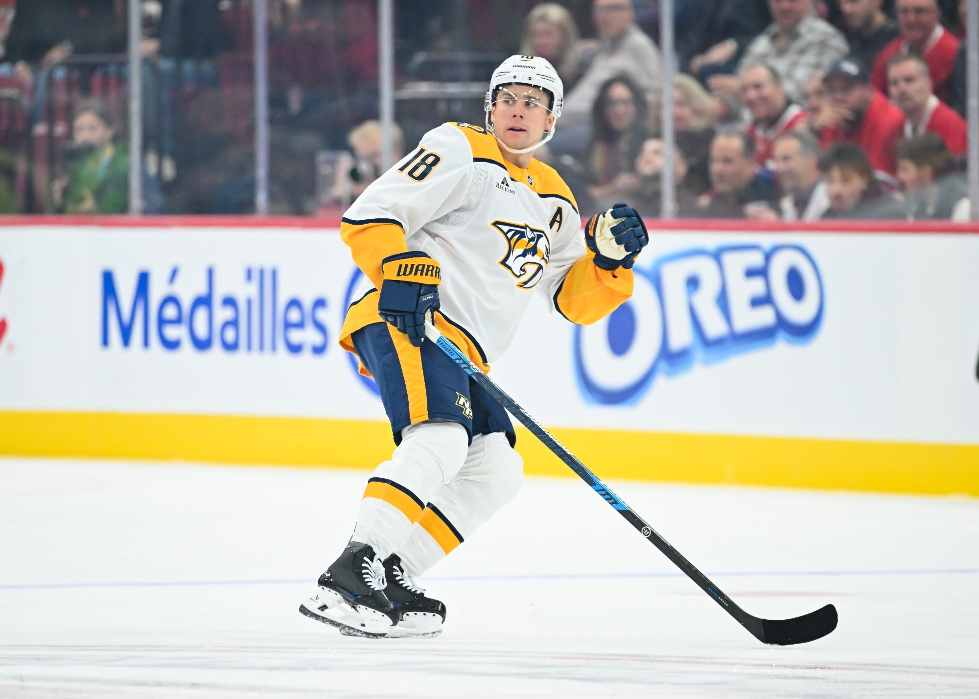 MONTREAL, CANADA - OCTOBER 08:  Jack Drury #18 of the Nashville Predators skates during the first period against the Montréal Canadiens at the Bell Centre on October 8, 2026 in Montreal, Quebec, Canada.  (Photo by Minas Panagiotakis/Getty Images)