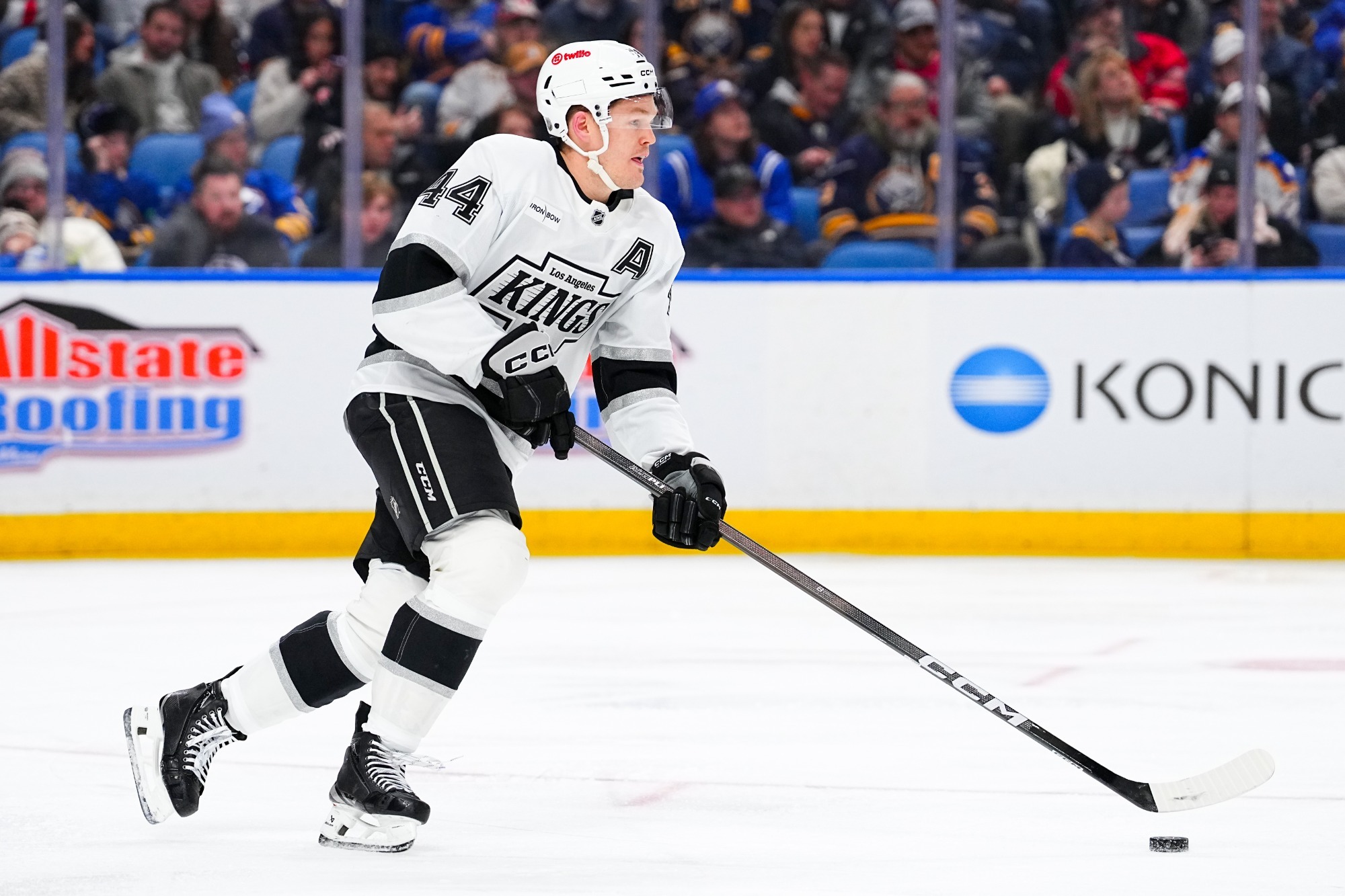 BUFFALO, NEW YORK - JANUARY 29: Mikey Anderson #44 of the Los Angeles Kings during an NHL game against the Buffalo Sabres on January 29, 2026 at KeyBank Center in Buffalo, New York. (Photo by Bjorn Franke/NHLI via Getty Images)