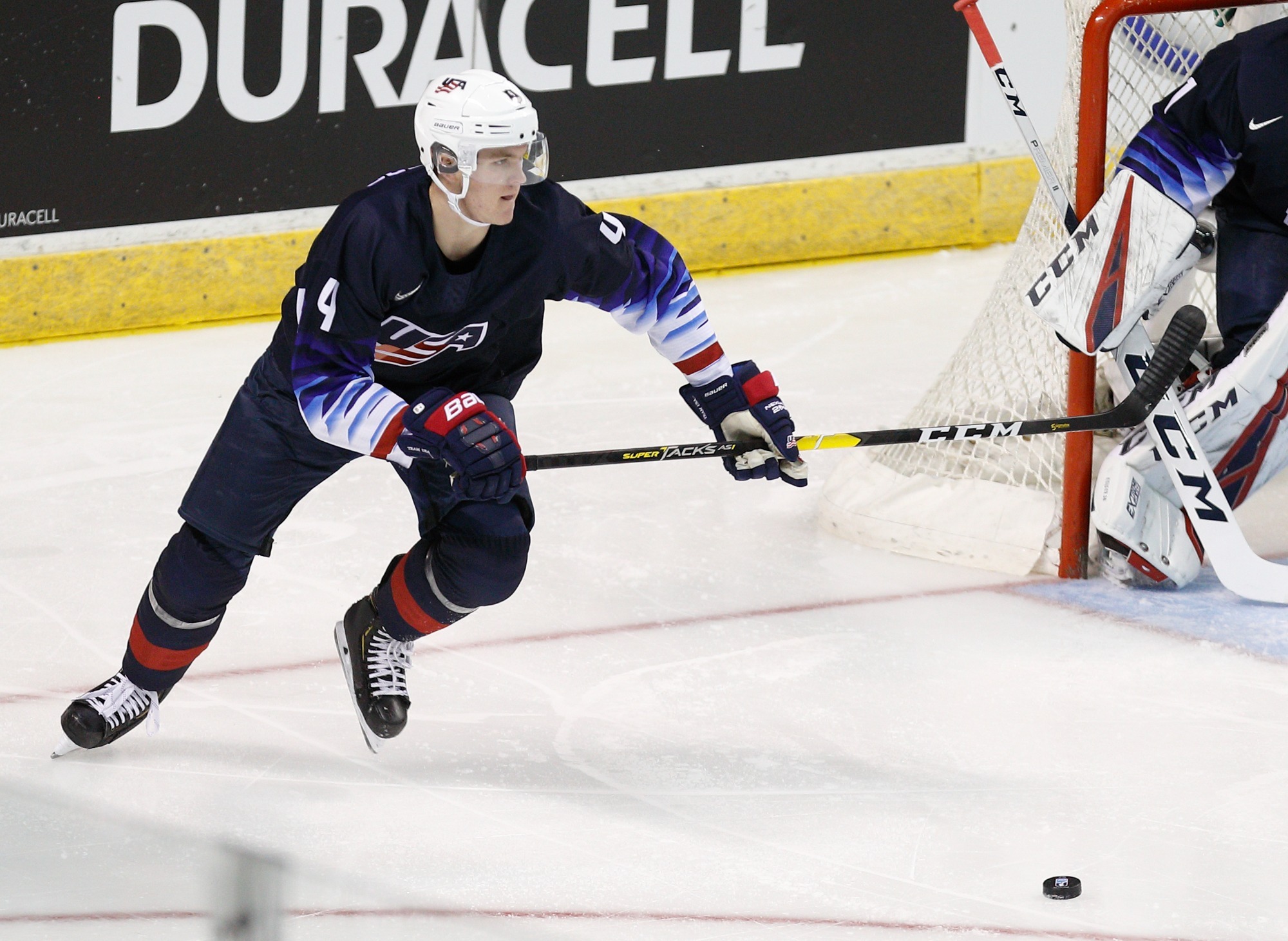 VICTORIA , BC - DECEMBER 29: Dylan Samberg #4 of the United States versus Sweden at the IIHF World Junior Championships at the Save-on-Foods Memorial Centre on December 29, 2018 in Victoria, British Columbia, Canada.  (Photo by Kevin Light/Getty Images)