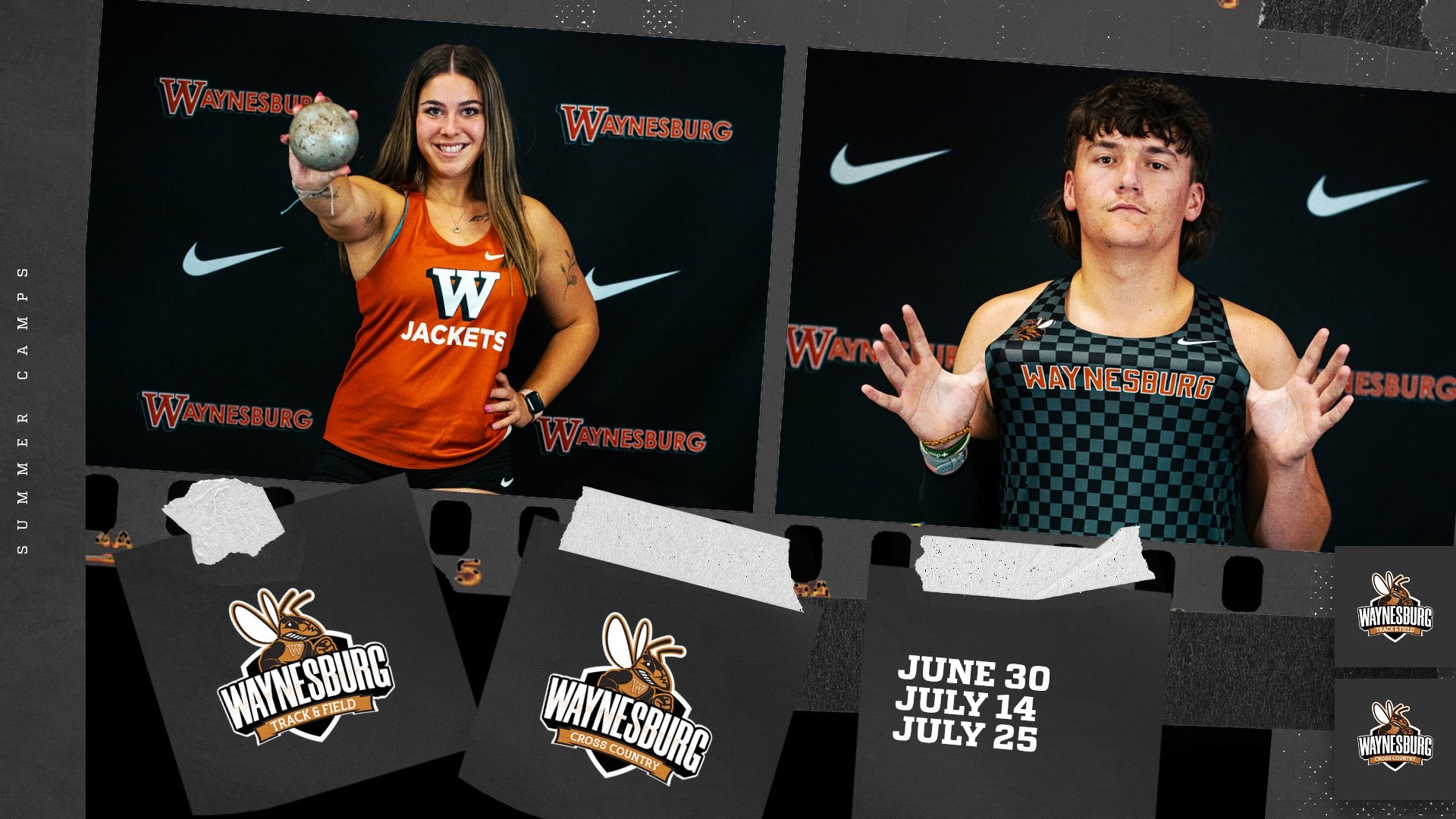 Graphic for Waynesburg's summer track & XC camps featuring WU student-athletes