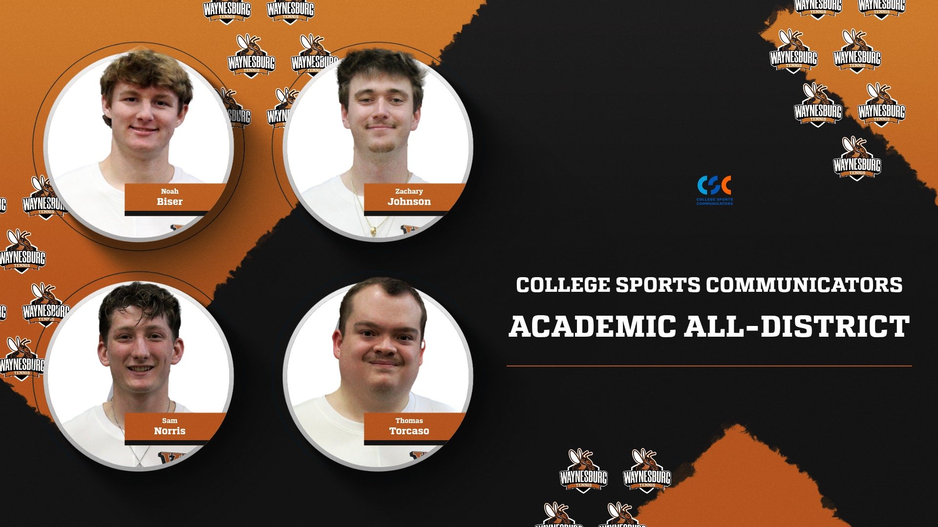 A graphic showing headshots of the four Waynesburg University women's tennis players who were honored by CSC for academics