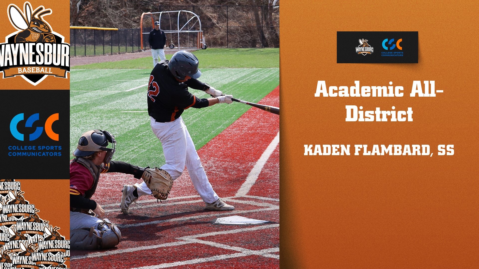 A graphic showing Kaden Flambard hitting a baseball and mentioning his CSC Academic All-District status