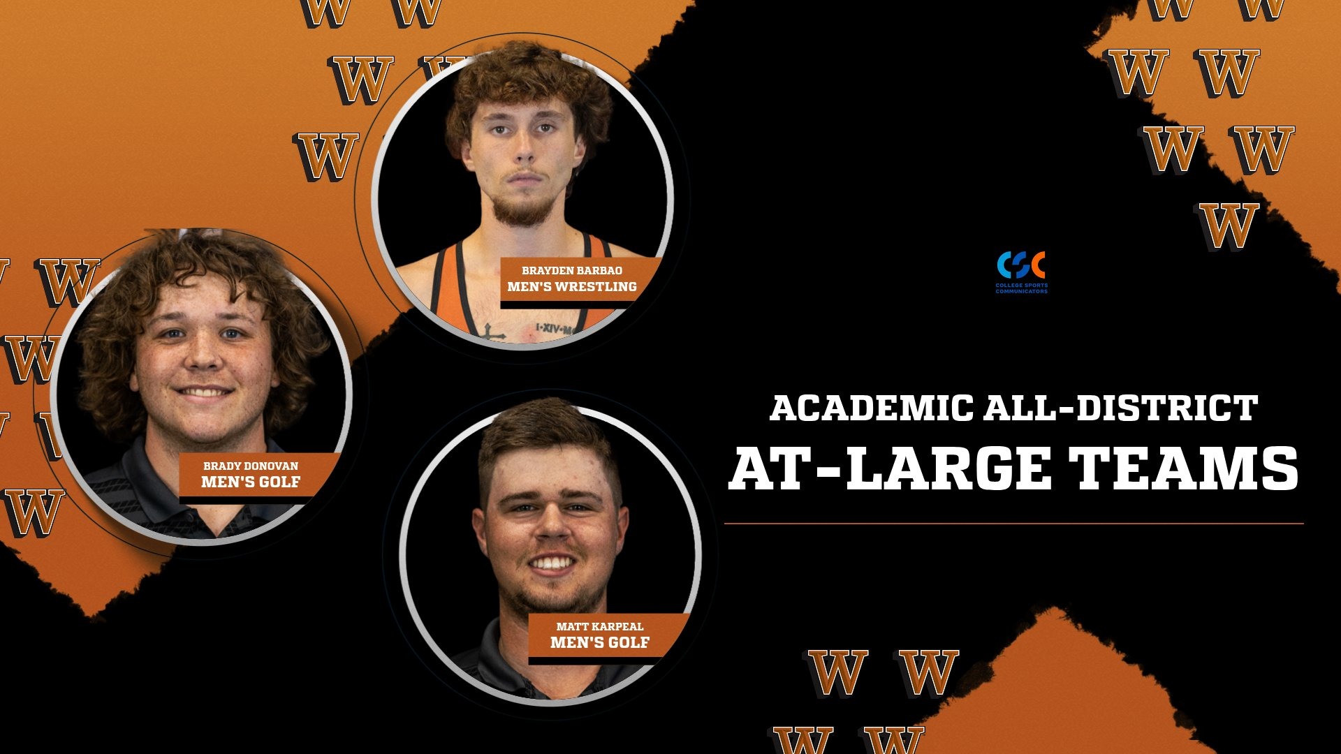 Headshots of Brady Donovan, Matt Karpeal and Brayden Barbao set in a graphic honoring them for CSC Academic All-District status