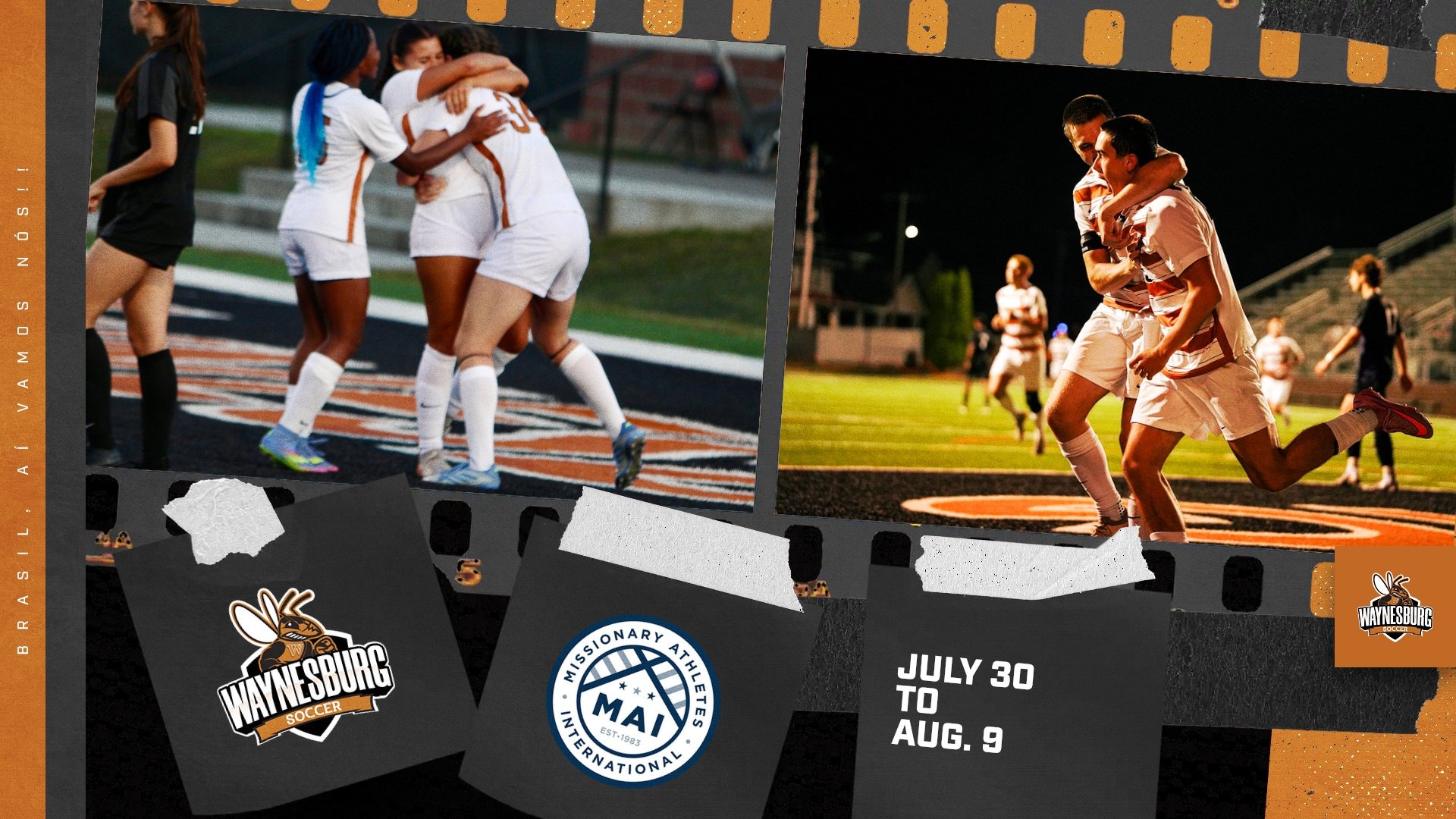A graphic featuring men's and women's soccer celebrations for a story about the teams going to Brazil