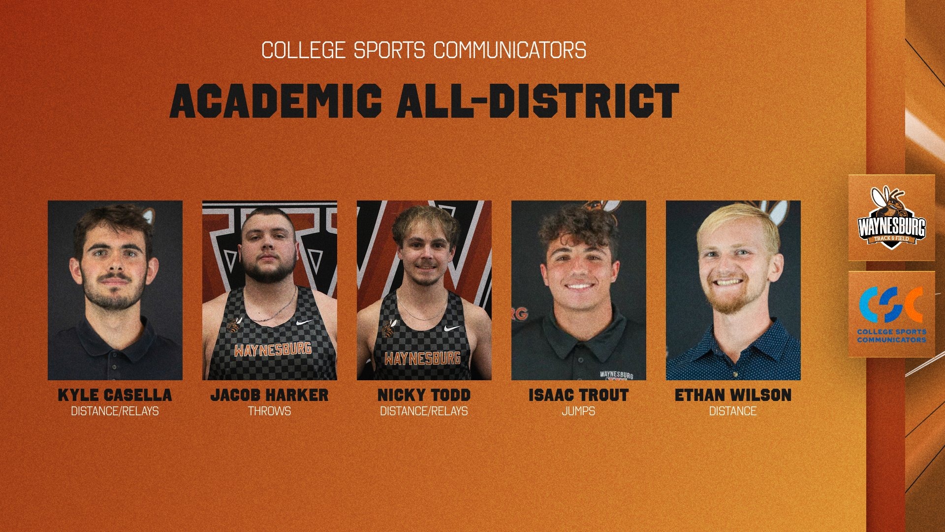 Graphic featuring the five headshots of Waynesburg track and cross country athletes who were named Academic All-District by College Sports Communicators